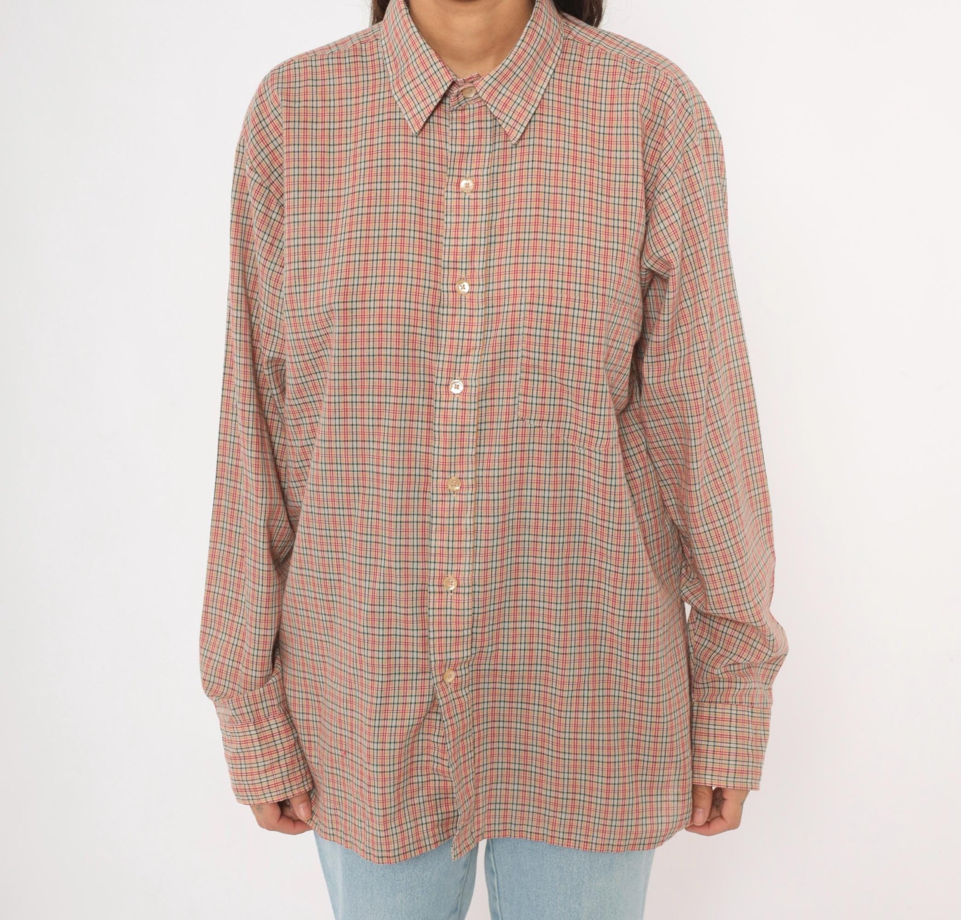 90s Plaid Button-Up Shirt Red Green Tan Check Cotton Point Collar Medium M