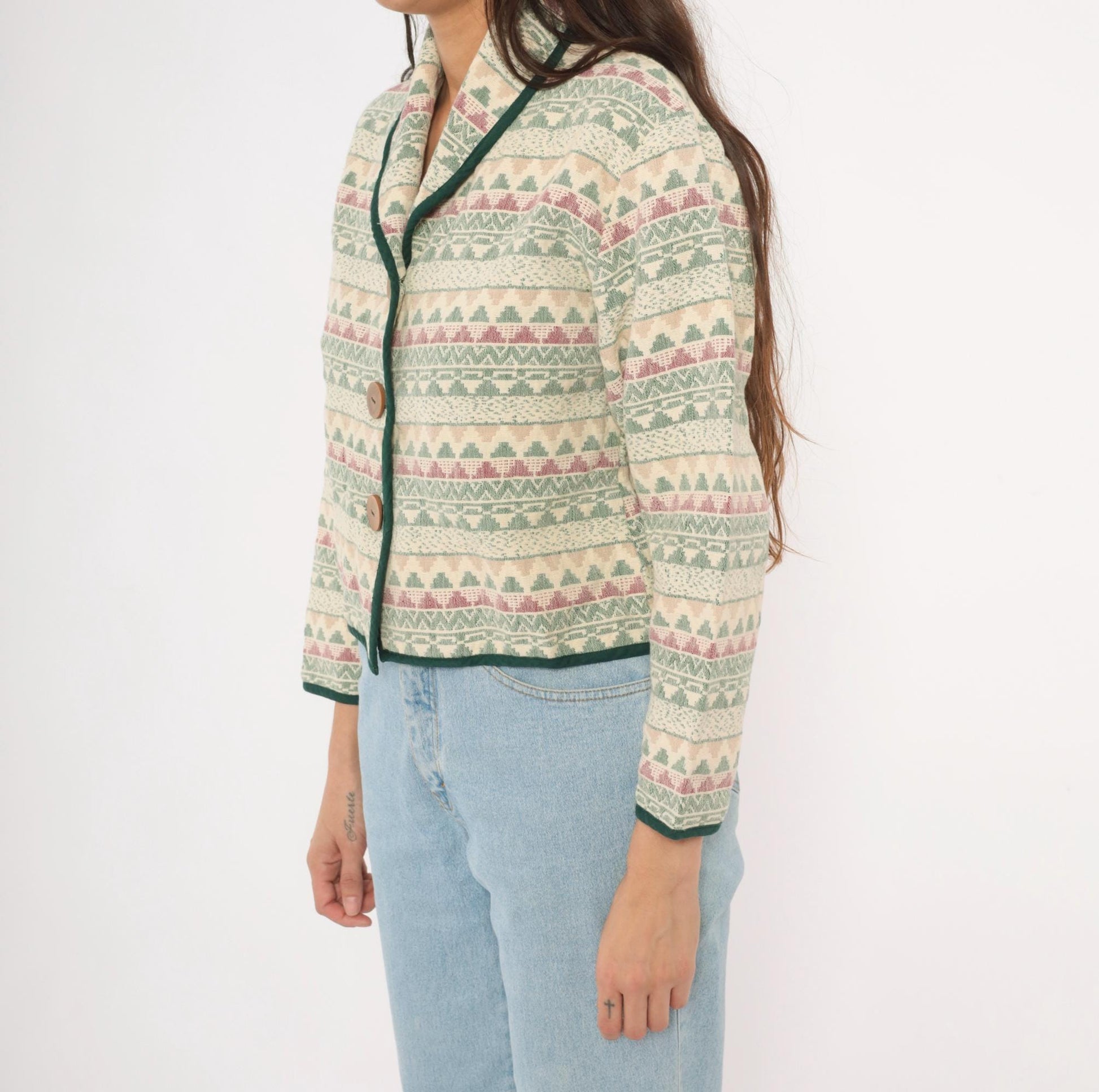 90s Southwest Canyon Tapestry Jacket Cropped Cream Sage Geometric Wooden Button Large L