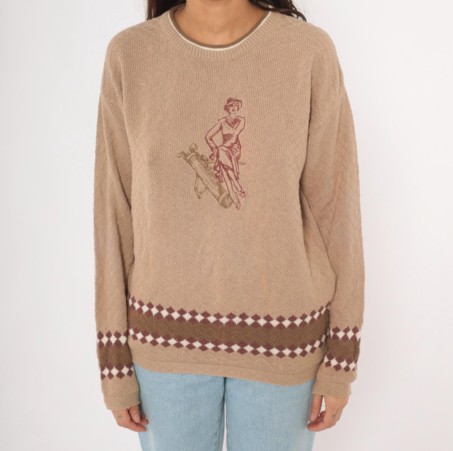 80s Pacific Coast Golf Embroidered Argyle Sweater Tan Crewneck Cotton Medium M
