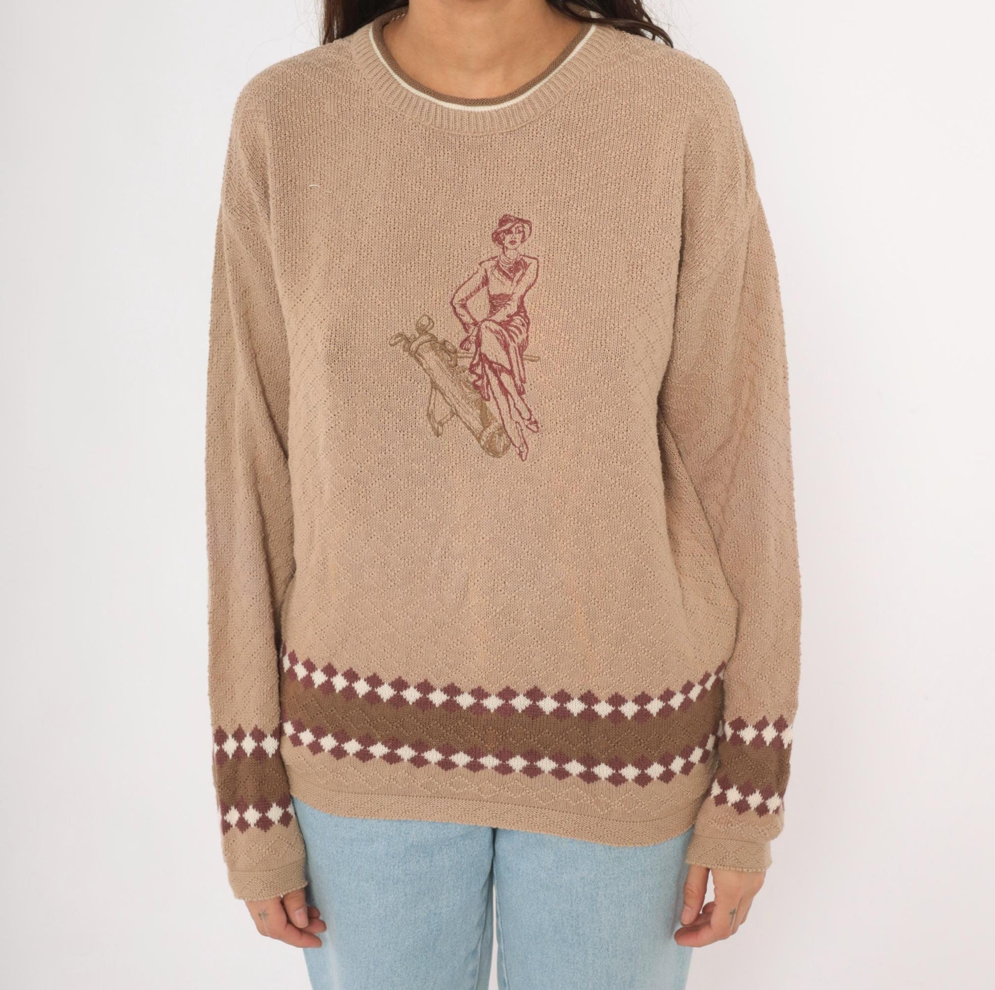 80s Pacific Coast Golf Embroidered Argyle Sweater Tan Crewneck Cotton Medium M