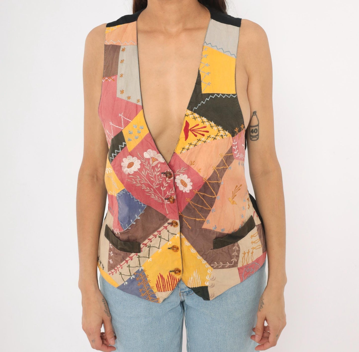 90s Exposed Clothing Patchwork Embroidered Vest Floral Crazy Quilt Small S
