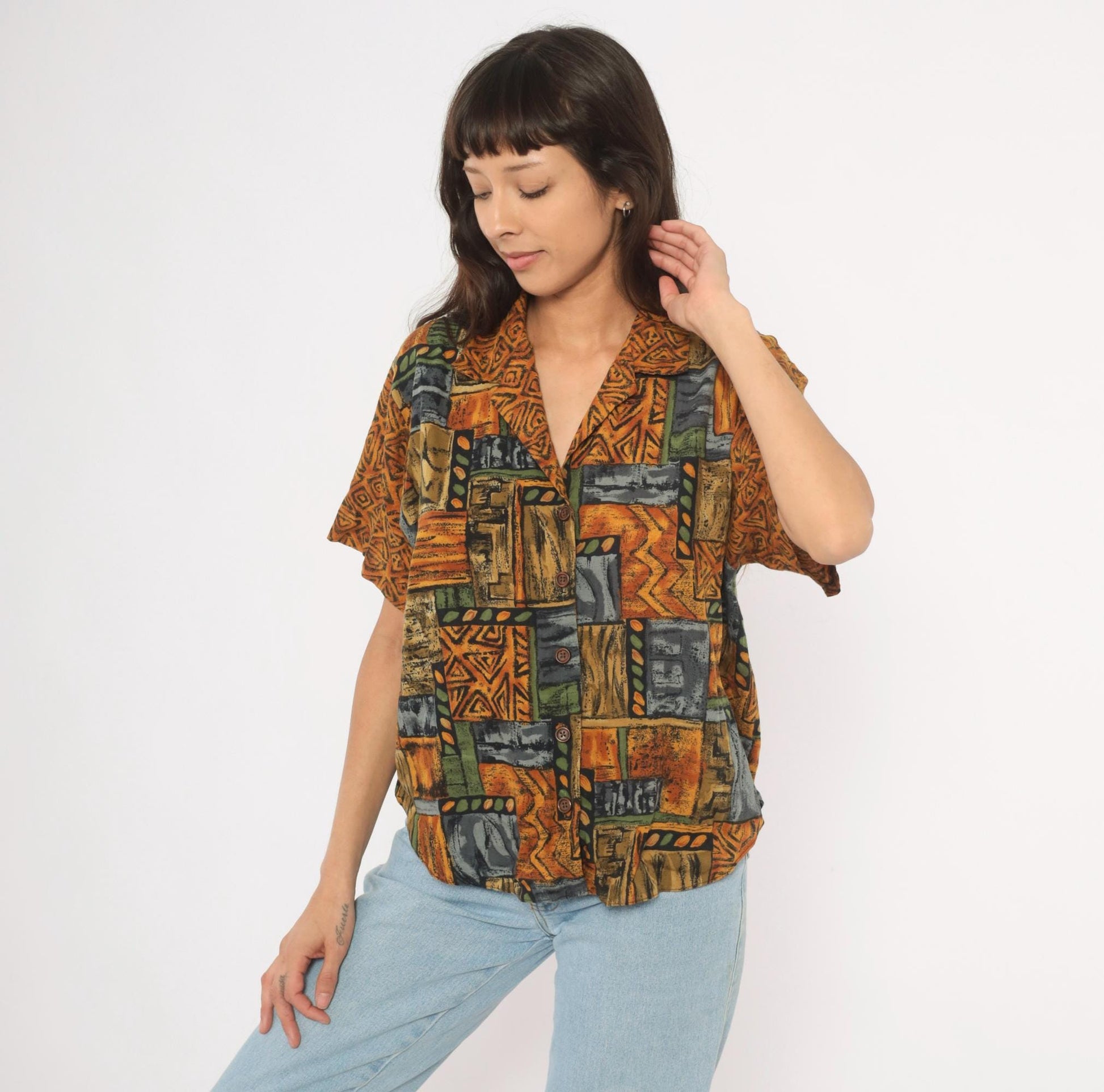 90s Tribal Patchwork Camp Collar Shirt Mustard Olive Slate Large L