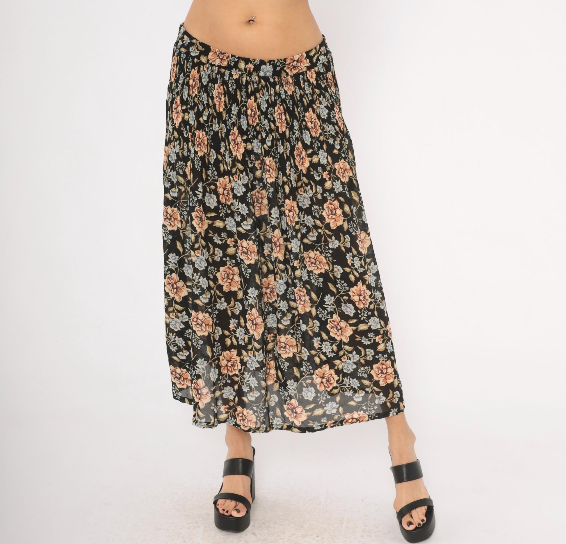 90s Sag Harbor Floral Maxi Skirt Black Peach Periwinkle Medium
