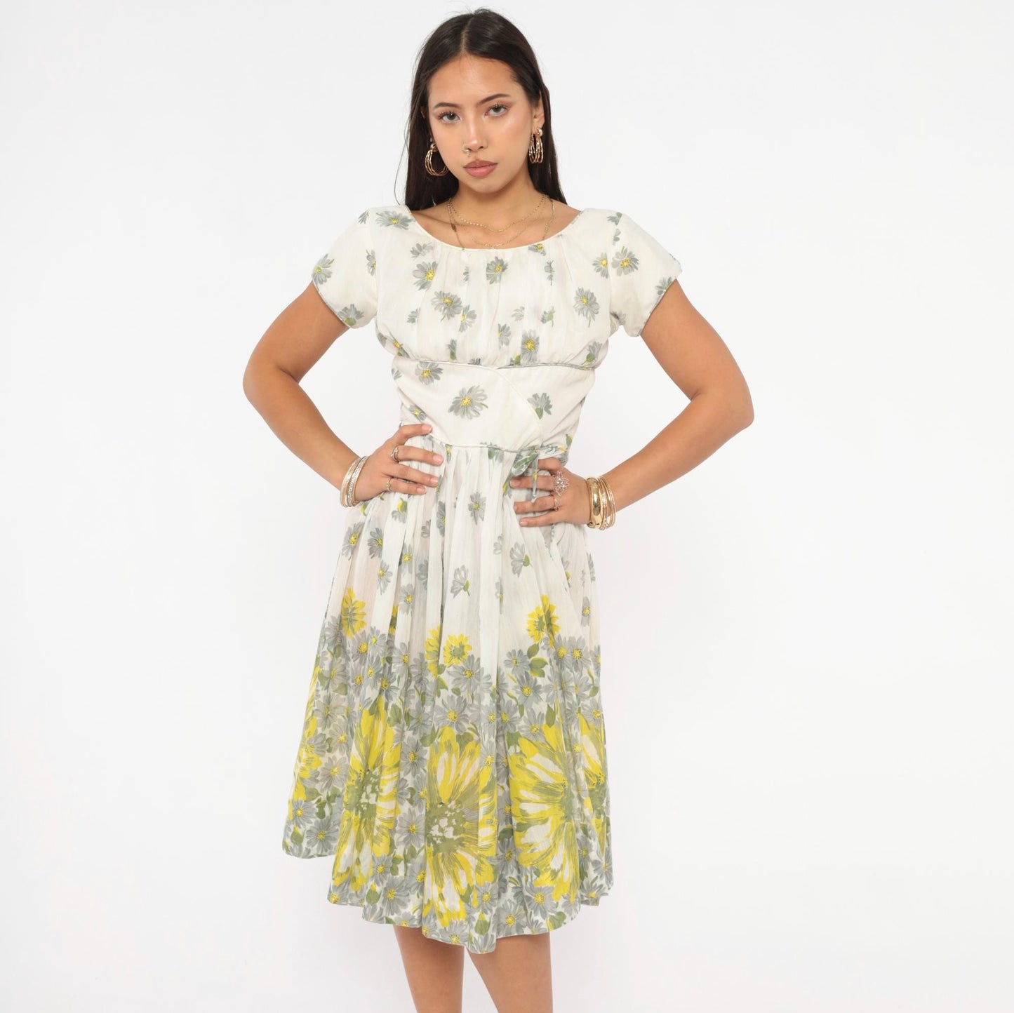 60s Daisy Print Fit And Flare Dress White Yellow Cotton Cap Sleeve Extra Small XS
