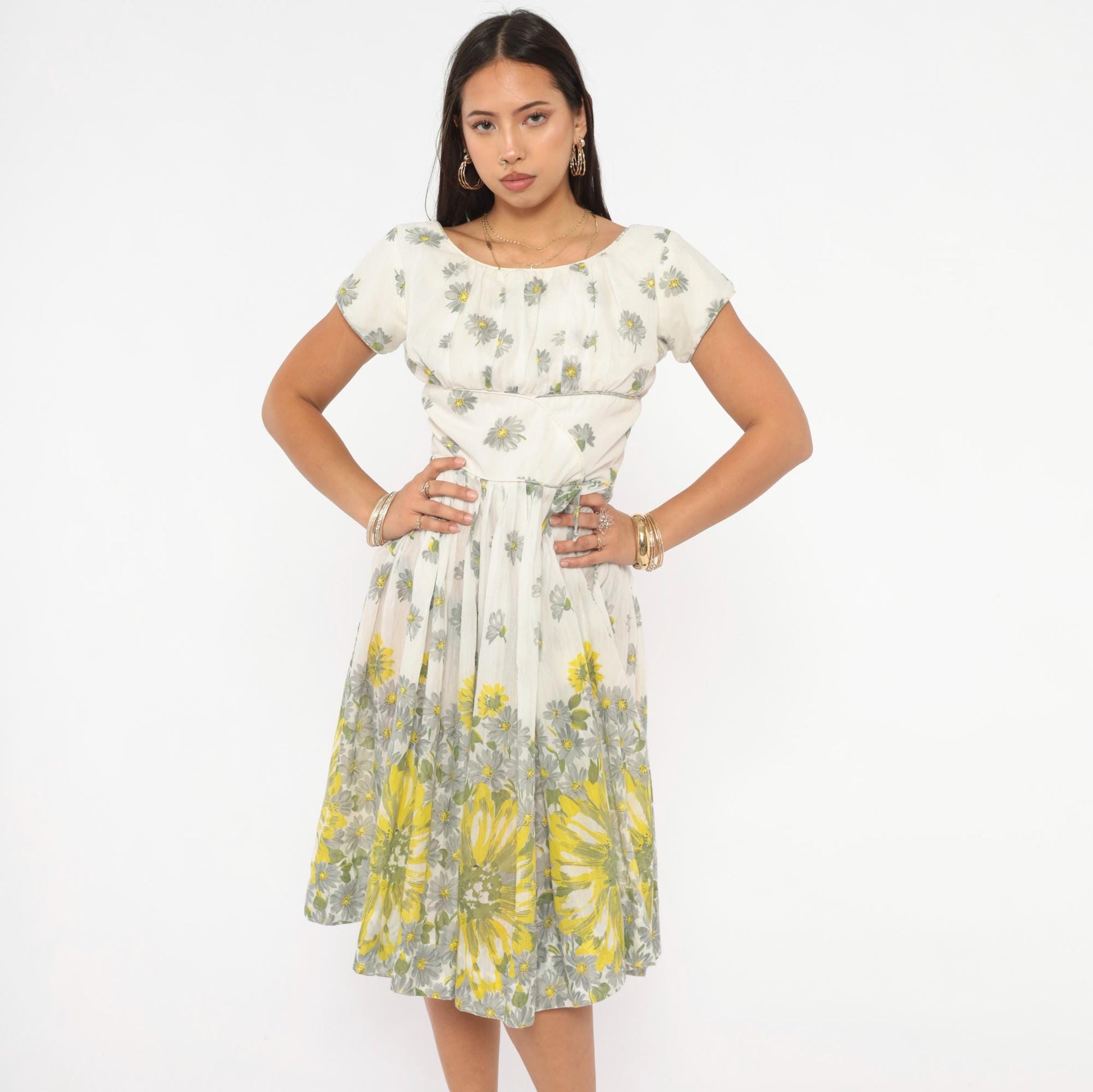 60s Daisy Print Fit And Flare Dress White Yellow Cotton Cap Sleeve Extra Small XS