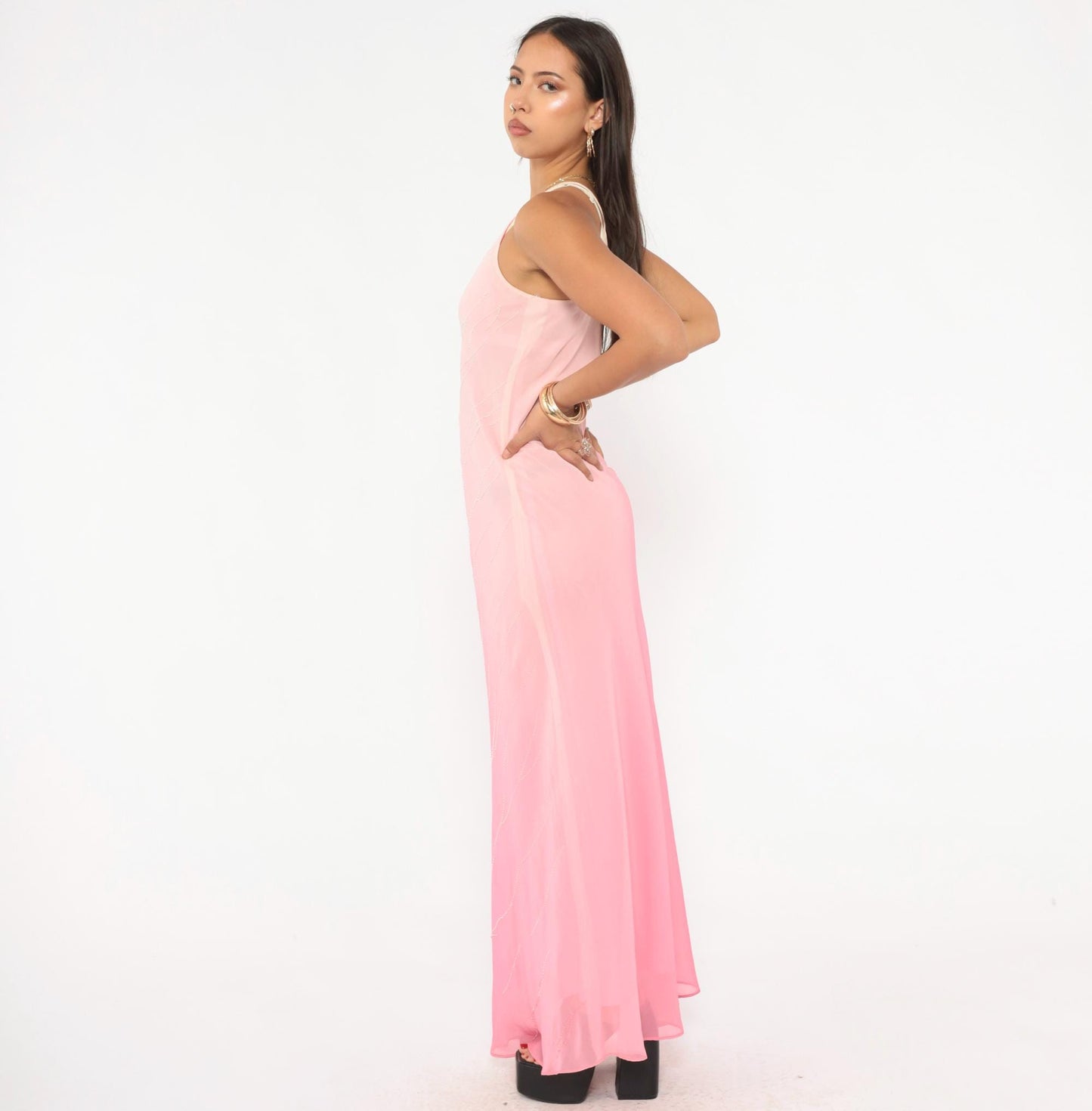 2000s Pink Ombre Beaded Maxi Gown Halter Chiffon Chelsea Nites Small