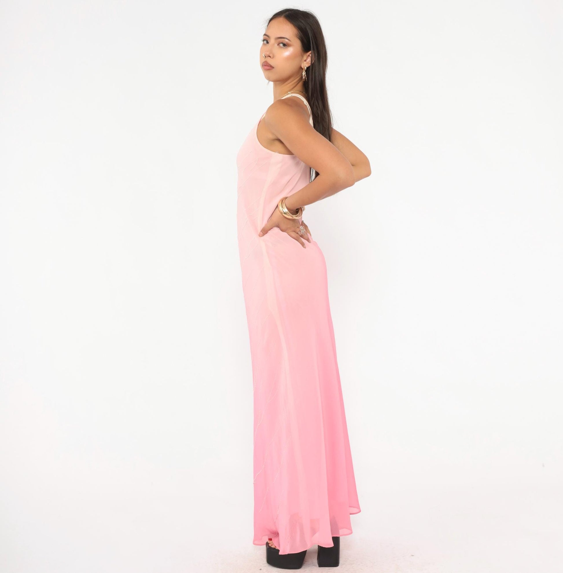 2000s Pink Ombre Beaded Maxi Gown Halter Chiffon Chelsea Nites Small