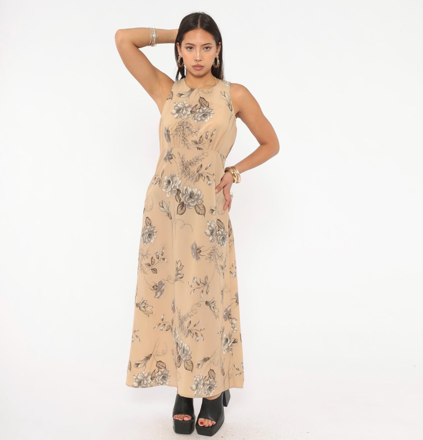 90s Byer Too! Floral Maxi Dress Beige Taupe Sleeveless Medium M