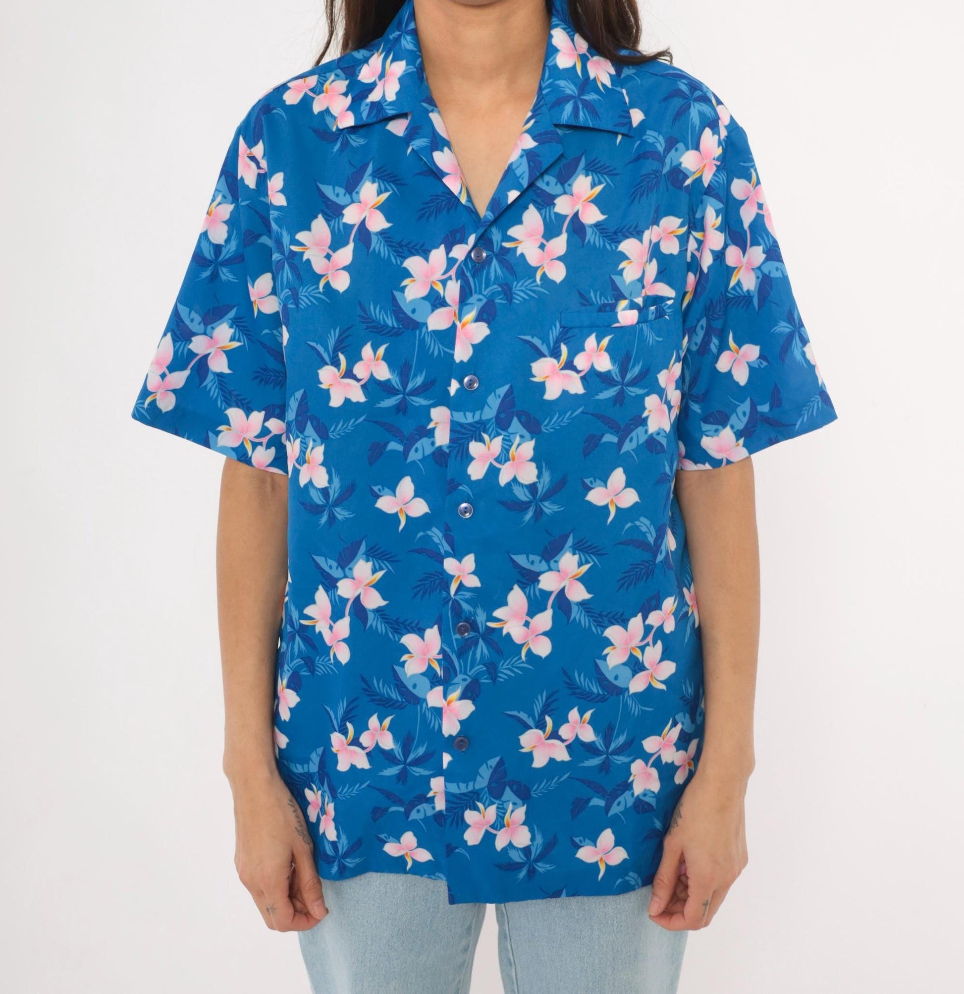90s Hilo Hatties Hawaiian Shirt Blue Plumeria Floral Camp Collar Medium M