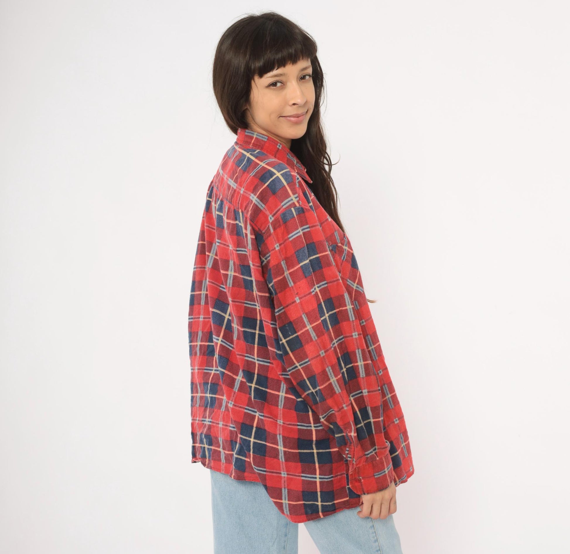 90s Saugatuck Red Navy Plaid Flannel Shirt Cotton Point Collar Extra Large XL