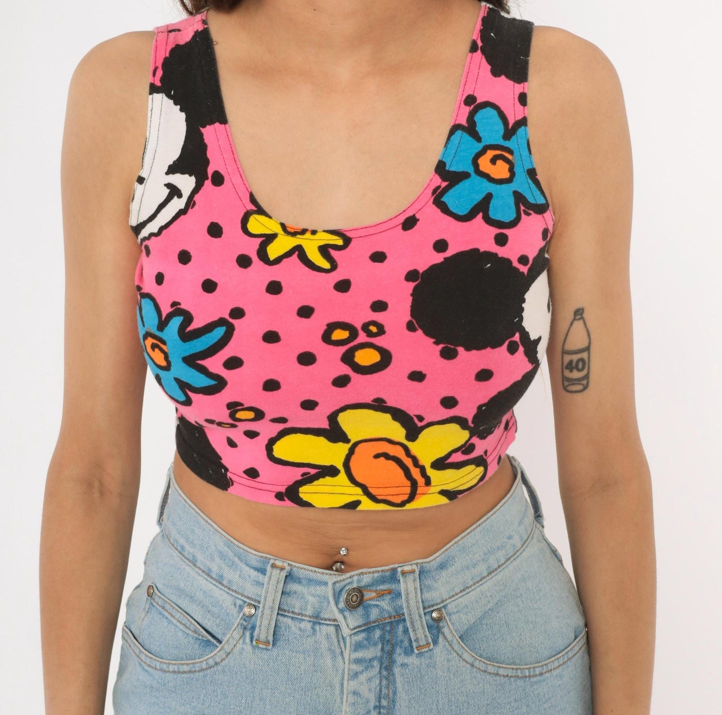 90s Mickey & Co Crop Tank Top Pink Floral Polka Dot Small S