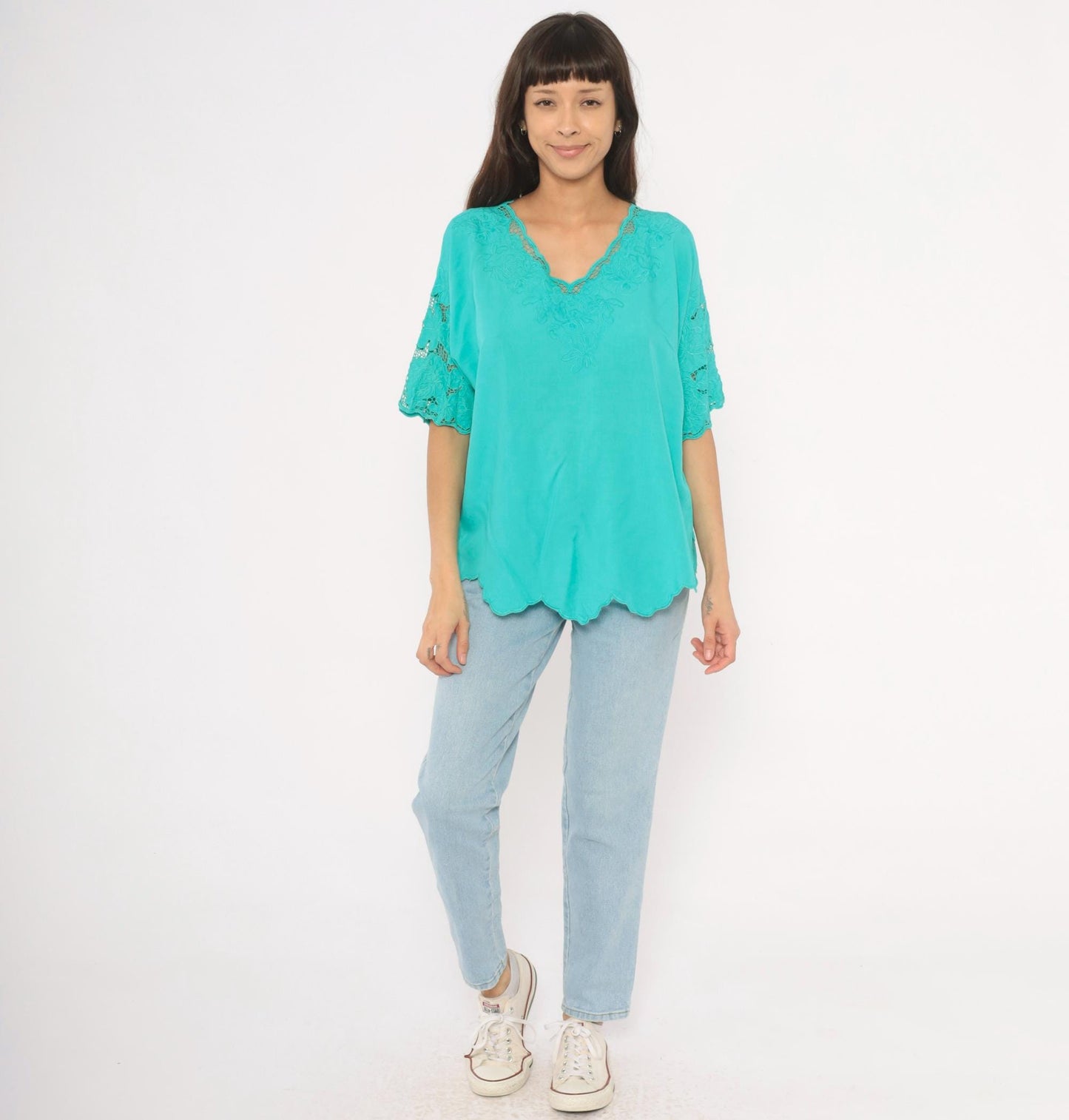 80s Bali Emerald Teal Cutwork Lace Blouse Floral Embroidered V-Neck
