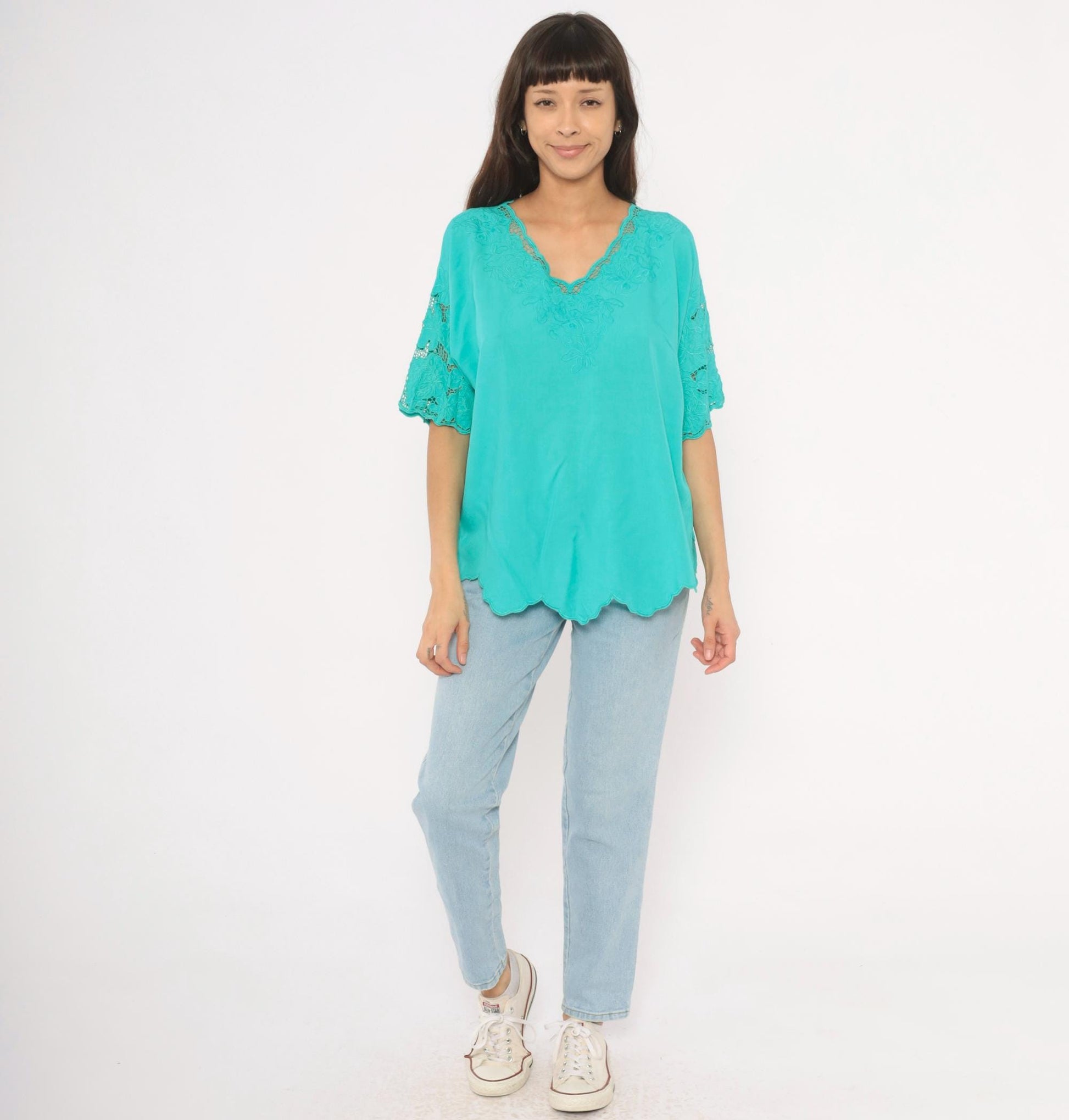 80s Bali Emerald Teal Cutwork Lace Blouse Floral Embroidered V-Neck