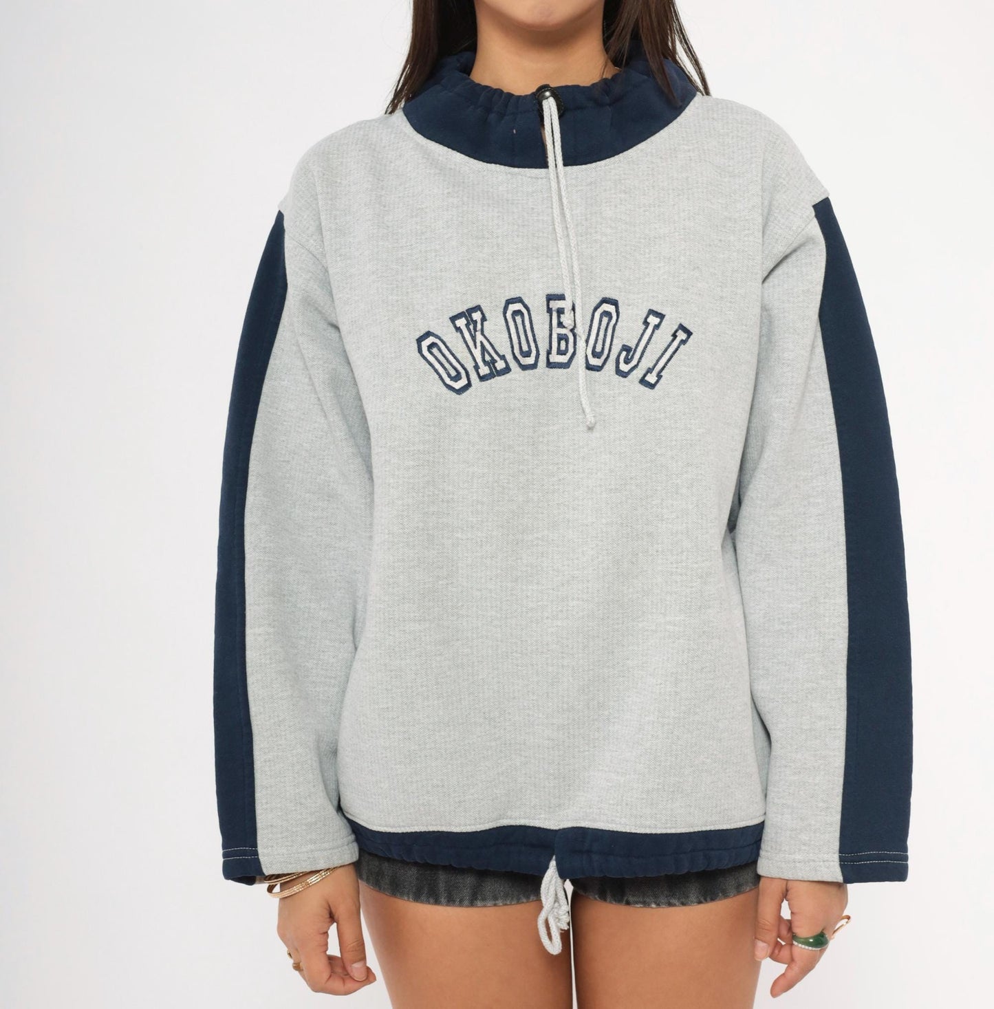 90s Renegade Club Okoboji Colorblock Sweatshirt Grey Navy Funnel Neck Large L