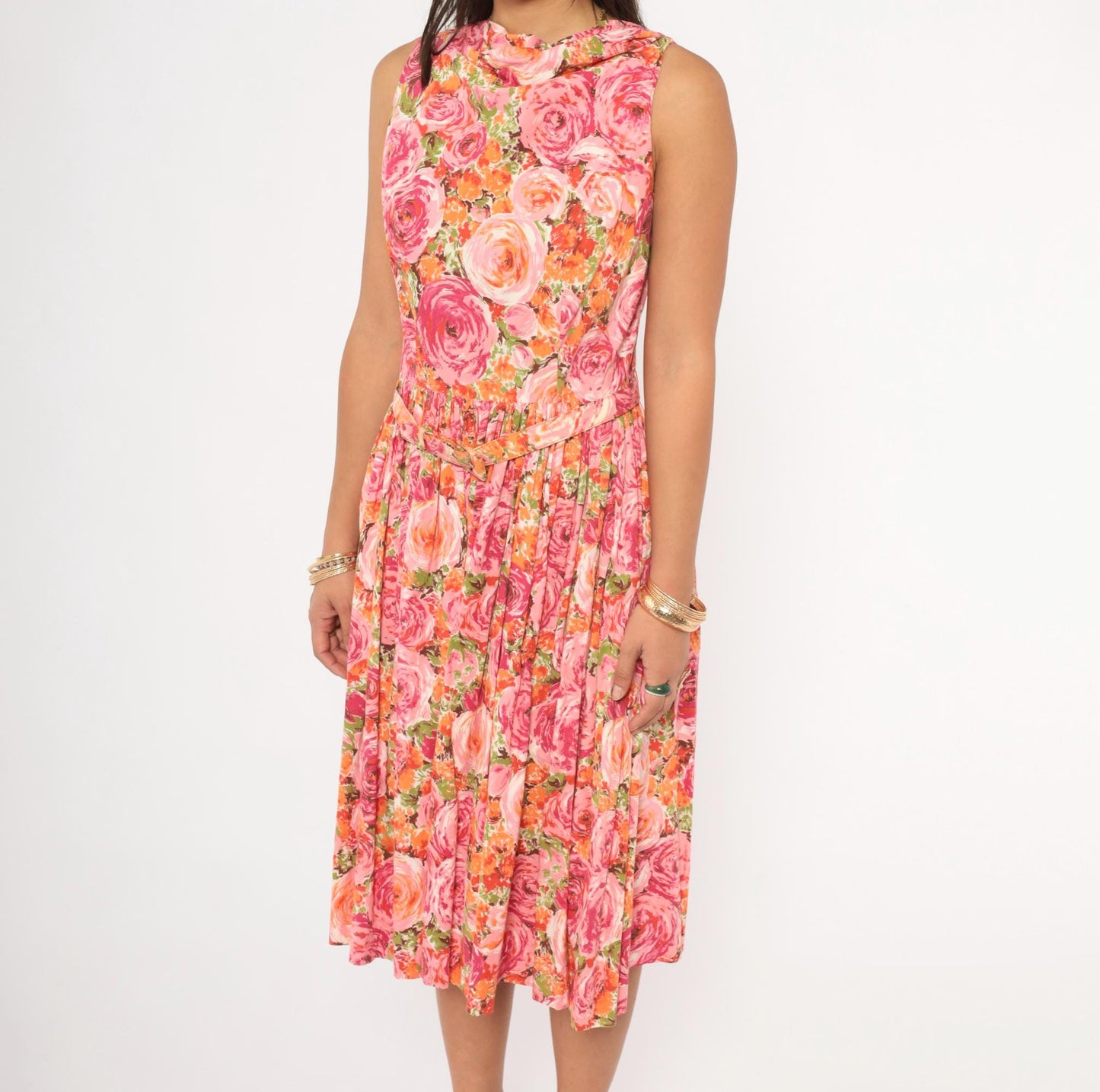 60s Kleinerts Rose Print Dress Pink Coral Floral Sleeveless Cotton Small