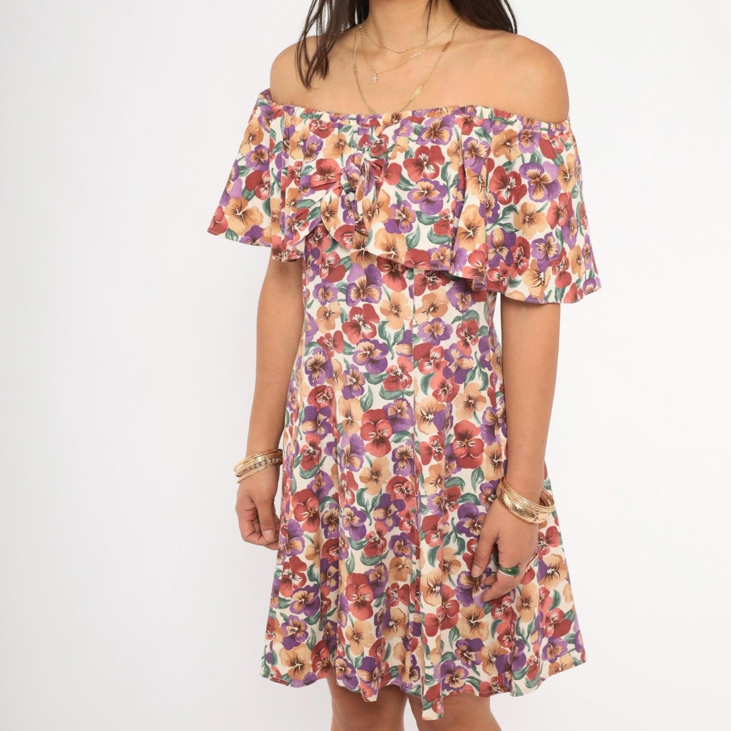 90s Rampage Pansy Floral Off-Shoulder Mini Dress Cream Small