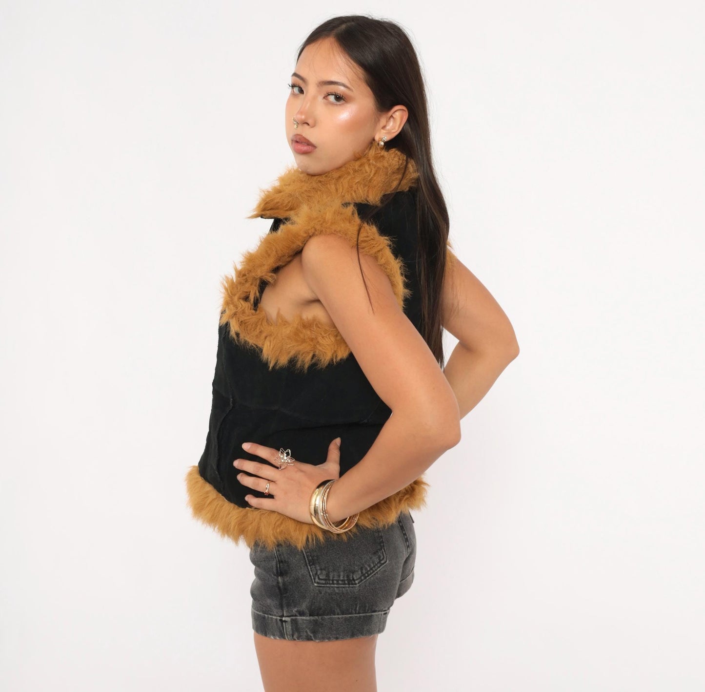 Y2K Jennyfer J Black Leather Vest Tan Faux Fur Trim Zip Front Medium