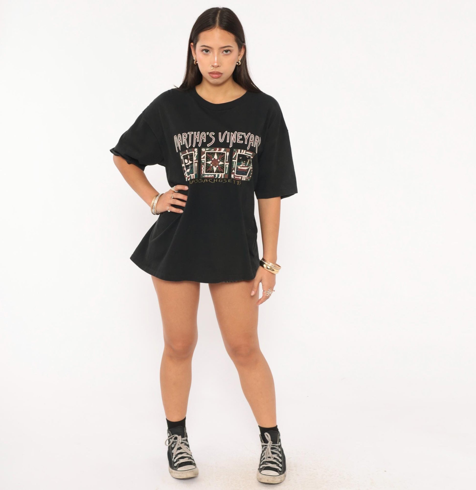 90s Martha's Vineyard Massachusetts Graphic Tee Black Cotton Oneita Large L
