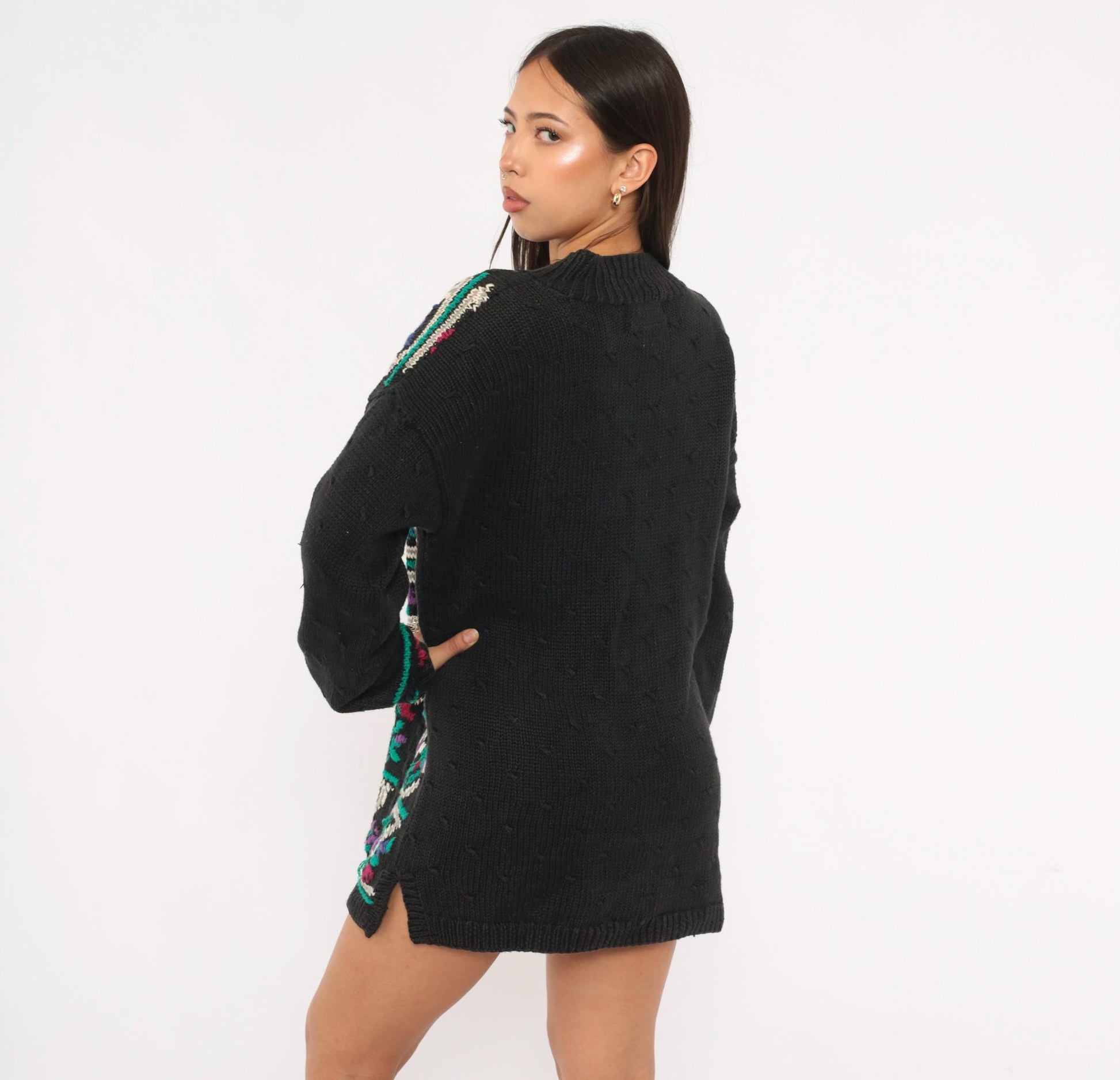90s Signatures Black Alphabet Floral Knit Sweater Cable Knit Pullover Small S