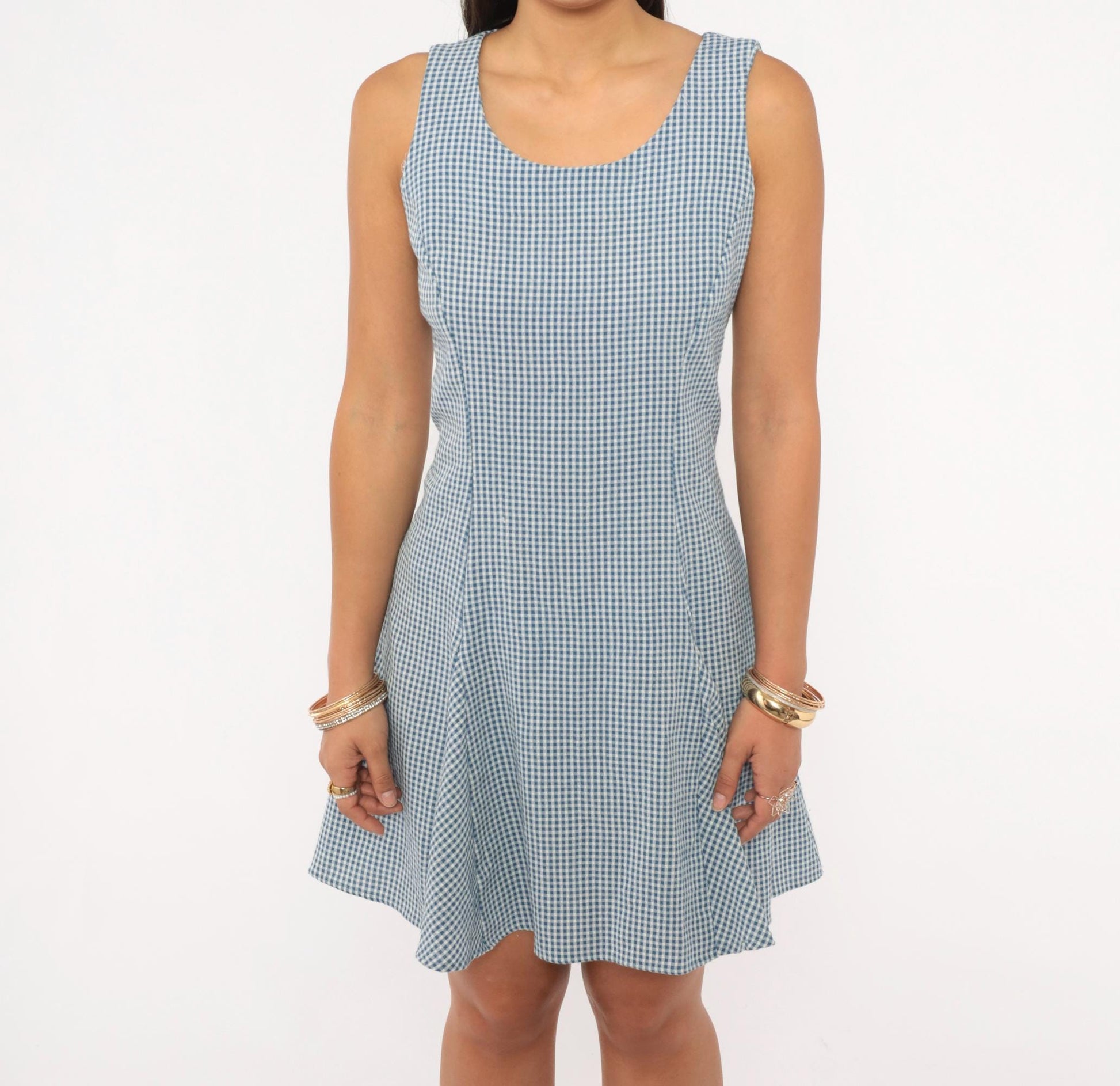 90s Especially Yours Gingham Mini Dress Blue White Lace-Up Back Medium
