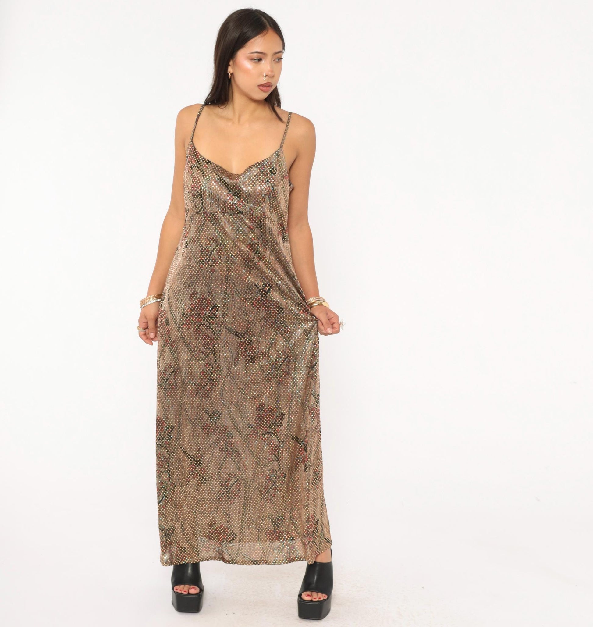 90s Metallic Shimmer Maxi Slip Dress Tan Burgundy Floral Gold Spaghetti Strap Large L