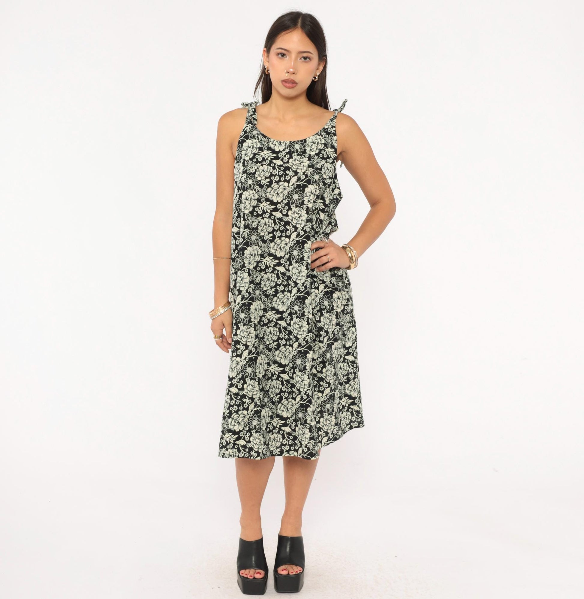 80s Floral Bird Print Sundress Black Cream Tie Shoulder A-Line Knee Length Medium M