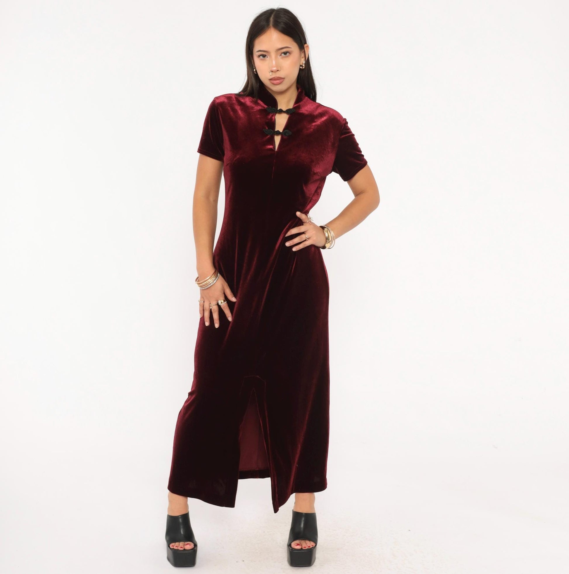 90s Dressing Clio Burgundy Velvet Cheongsam Maxi Dress Mandarin Collar Medium M