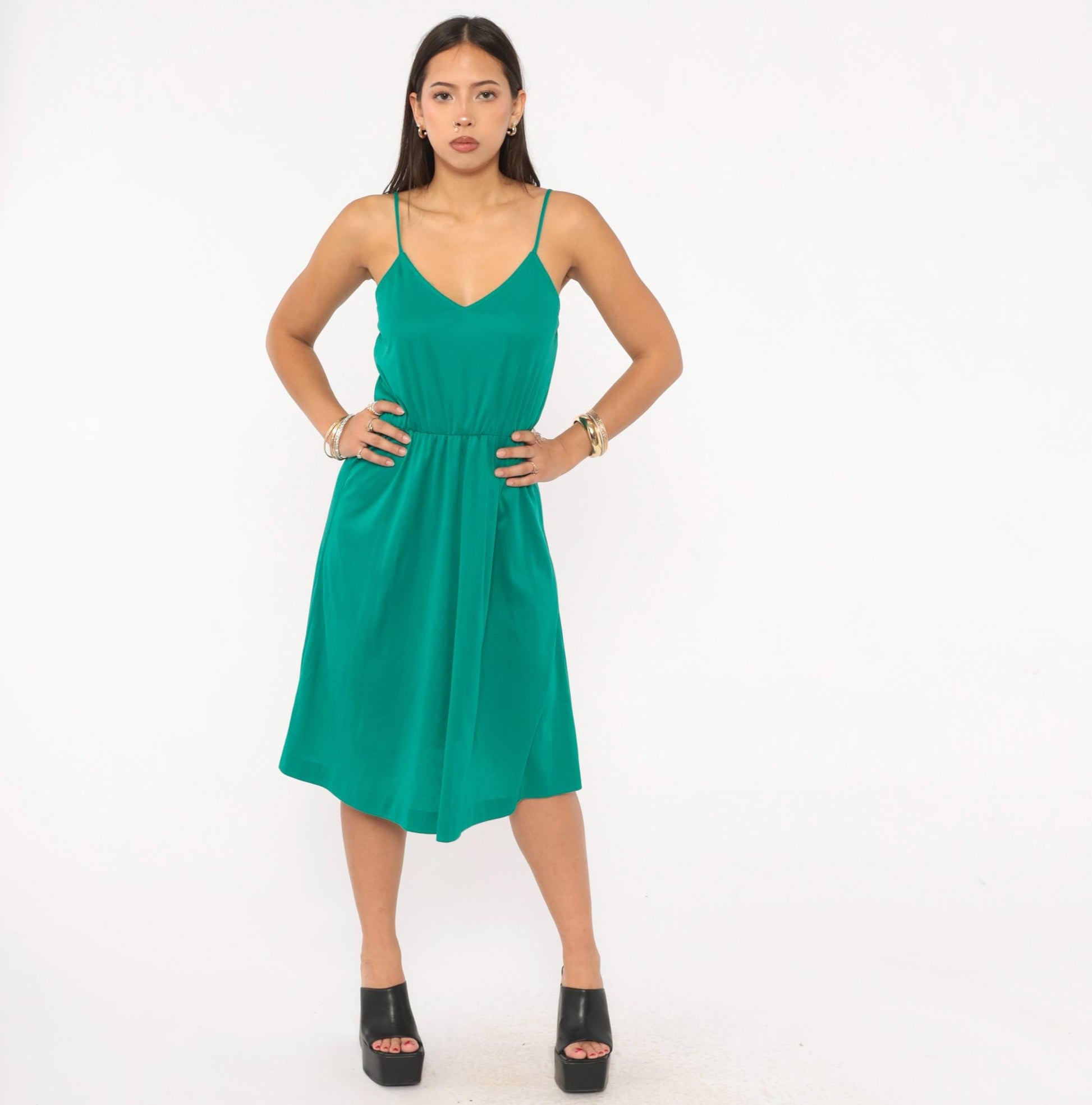 70s Teal Spaghetti Strap Sundress V Neck Gathered Waist Knee Length Extra Small