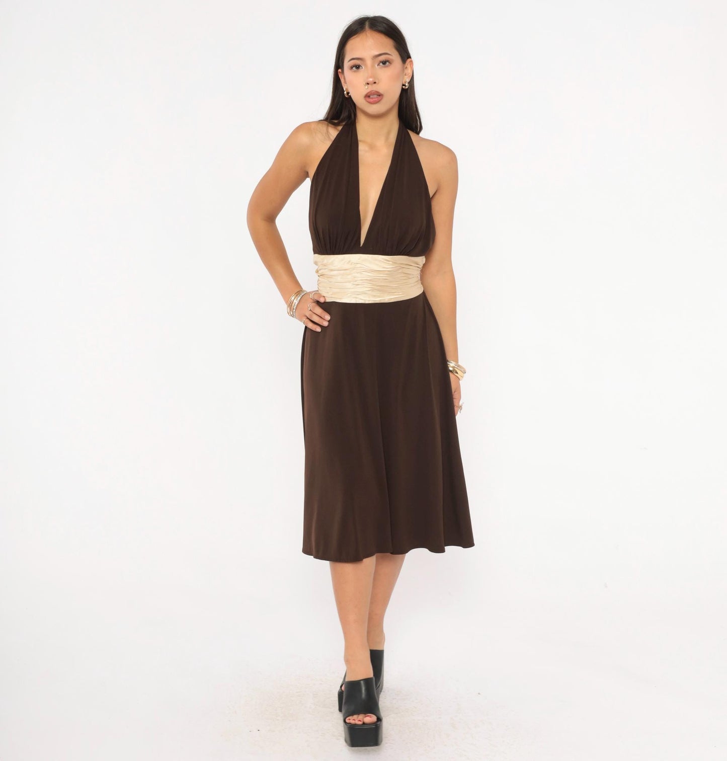 Maggy London Chocolate Halter Dress Silk Sash Deep V Open Back Knee Length Medium