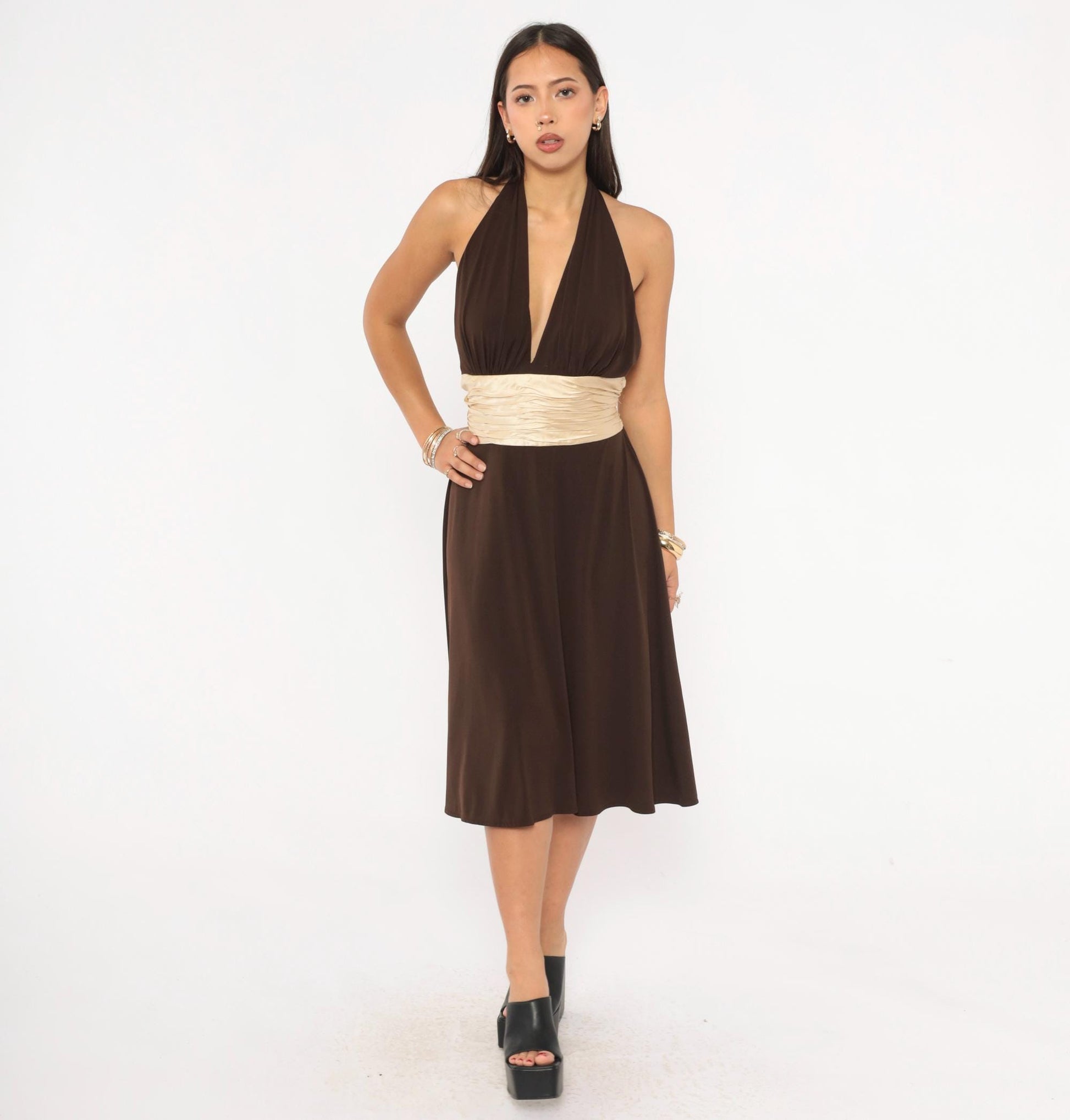 Maggy London Chocolate Halter Dress Silk Sash Deep V Open Back Knee Length Medium