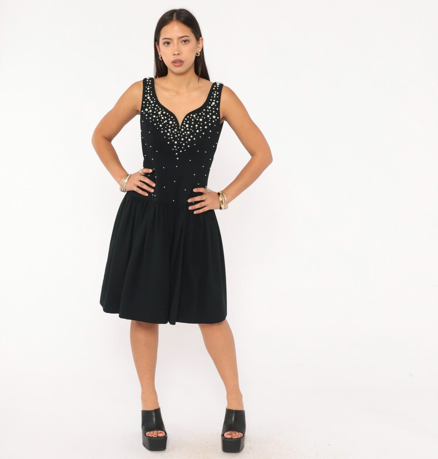 80s Morton Myles Black Pearl Beaded Sweetheart Neckline Cocktail Dress Medium