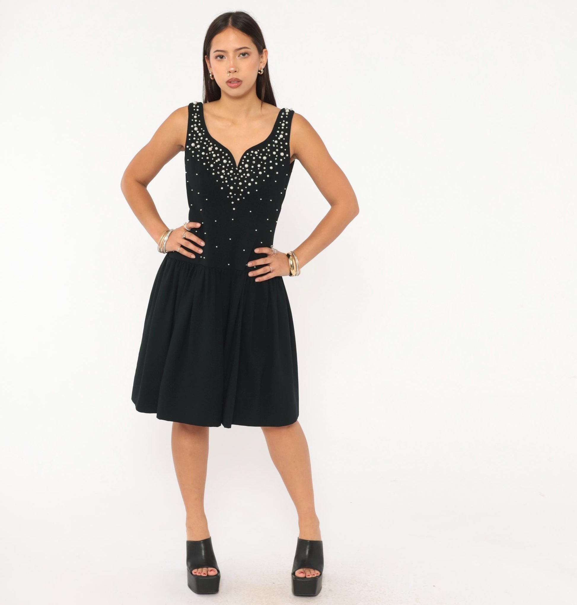 80s Morton Myles Black Pearl Beaded Sweetheart Neckline Cocktail Dress Medium