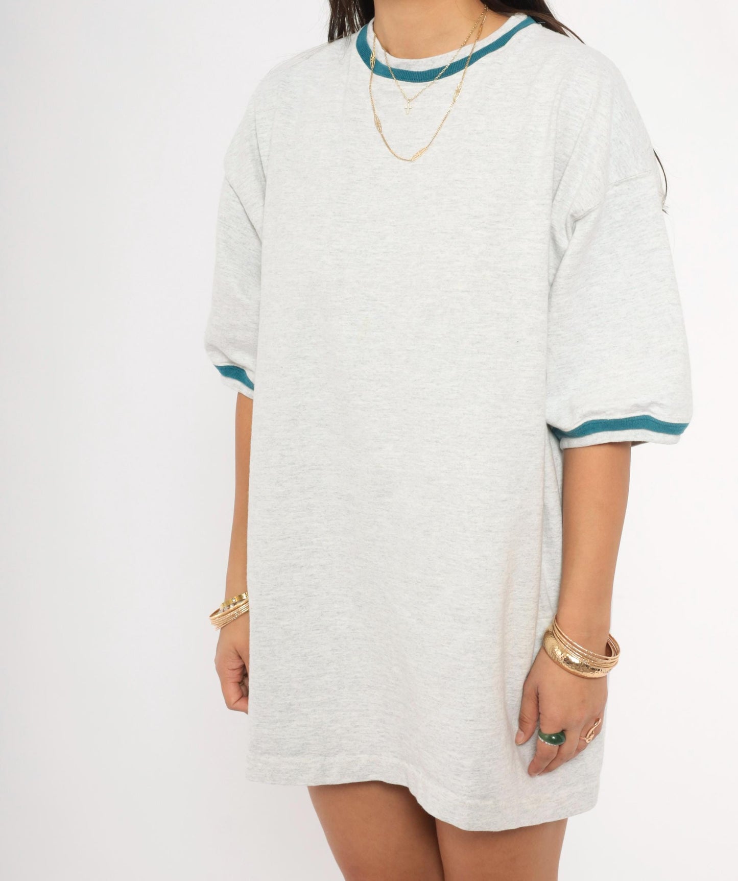 90s Signal Ringer Tee Teal Trim Embroidered Back Grey Cotton XXL
