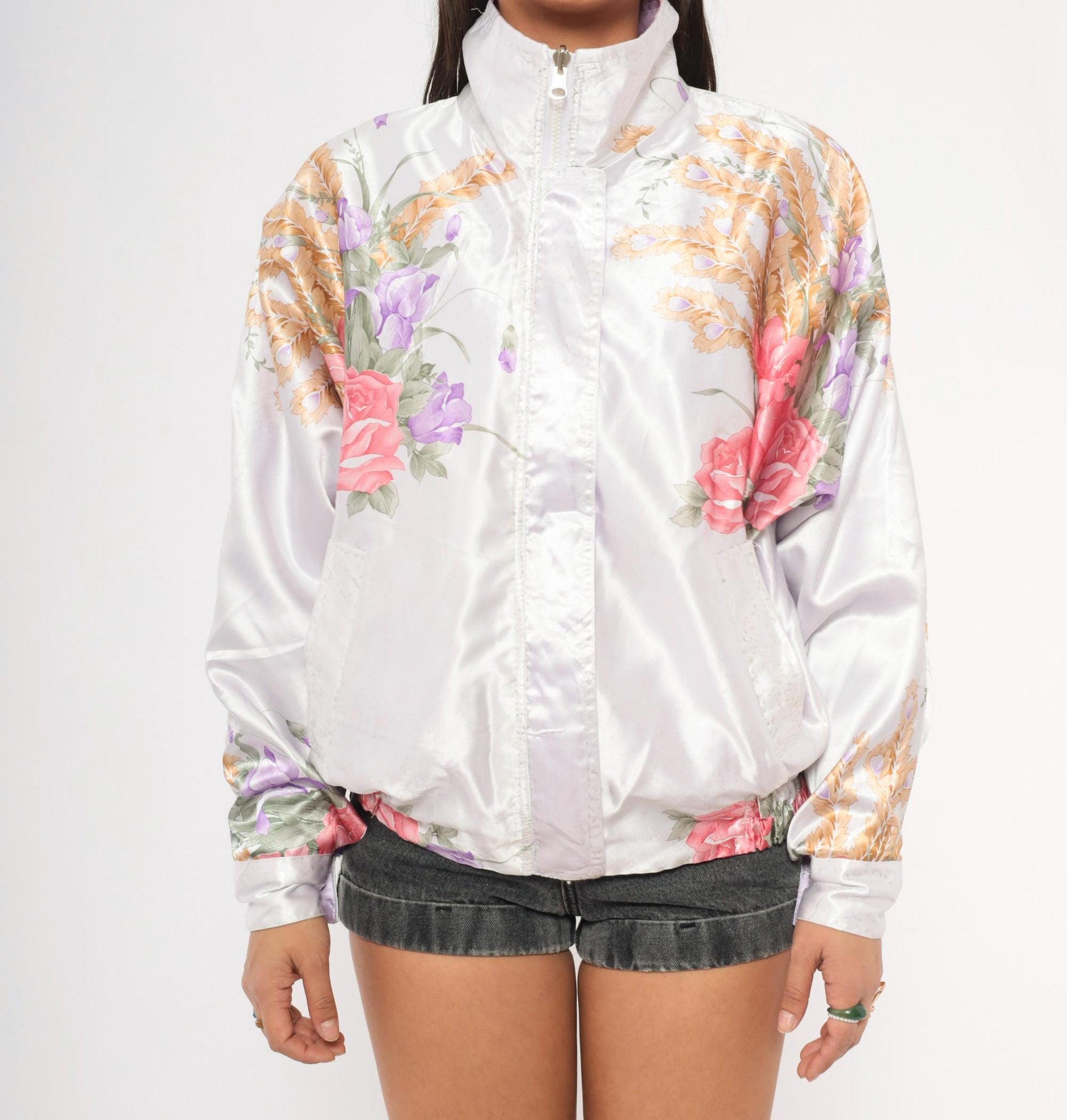 90s White Satin Floral Bomber Jacket Pink Purple Gold Roses Irises Medium M
