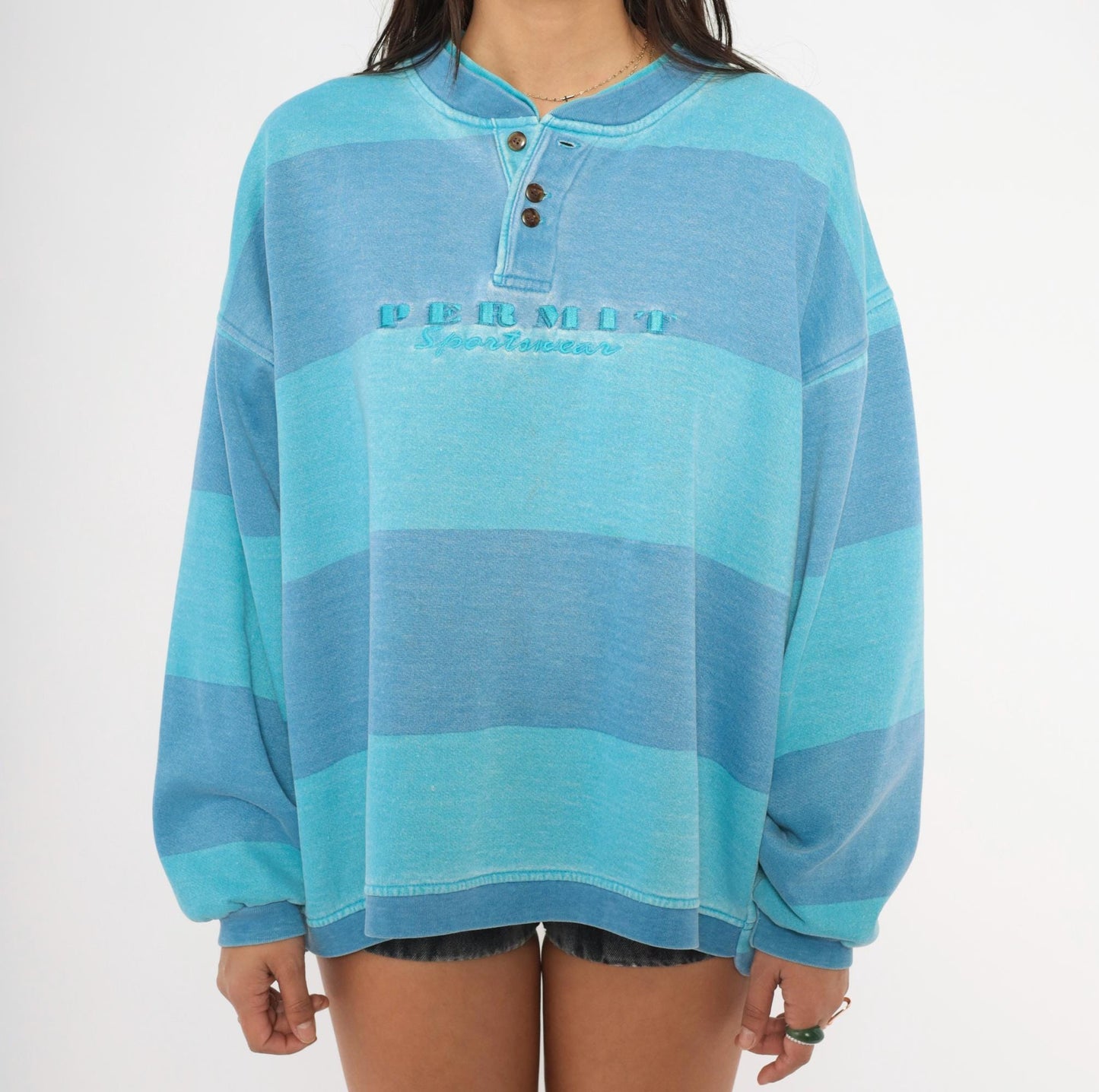 90s Permit Sportswirt Striped Henley Sweatshirt Blue Teal Colorblock Large L