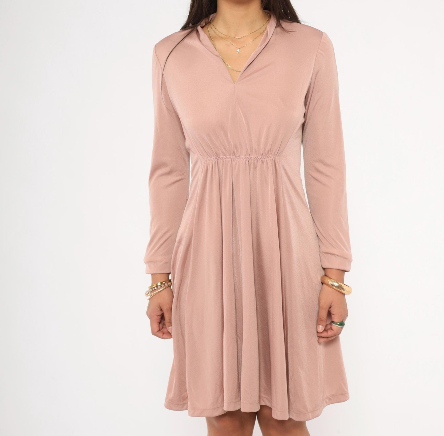 70s Mauve Mini Dress Long Sleeve V-Neck Gathered Waist A-Line Small S