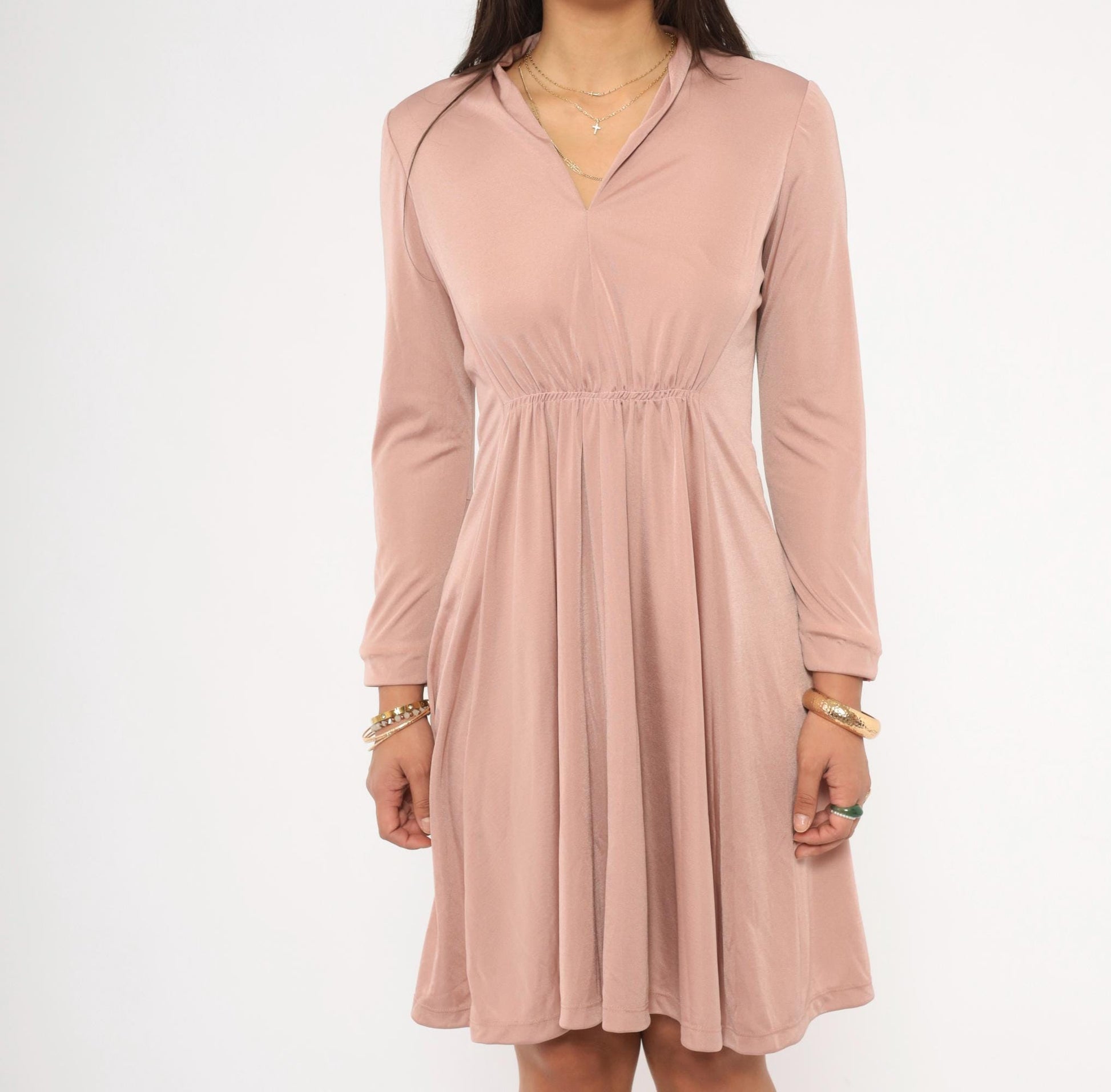 70s Mauve Mini Dress Long Sleeve V-Neck Gathered Waist A-Line Small S