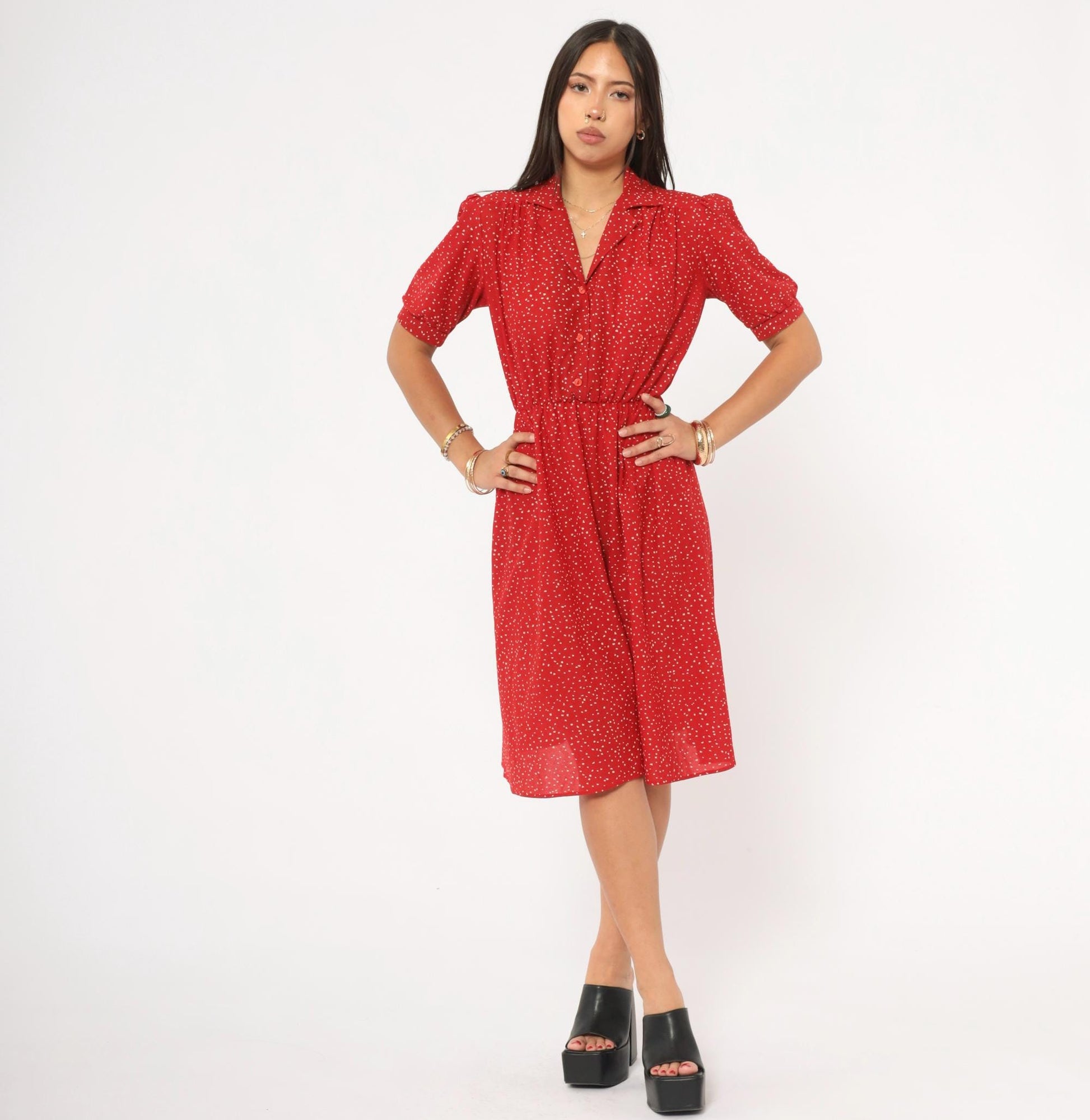 80s Red Speckled Dot Shirtdress White Print Puff Sleeve Knee Length Small