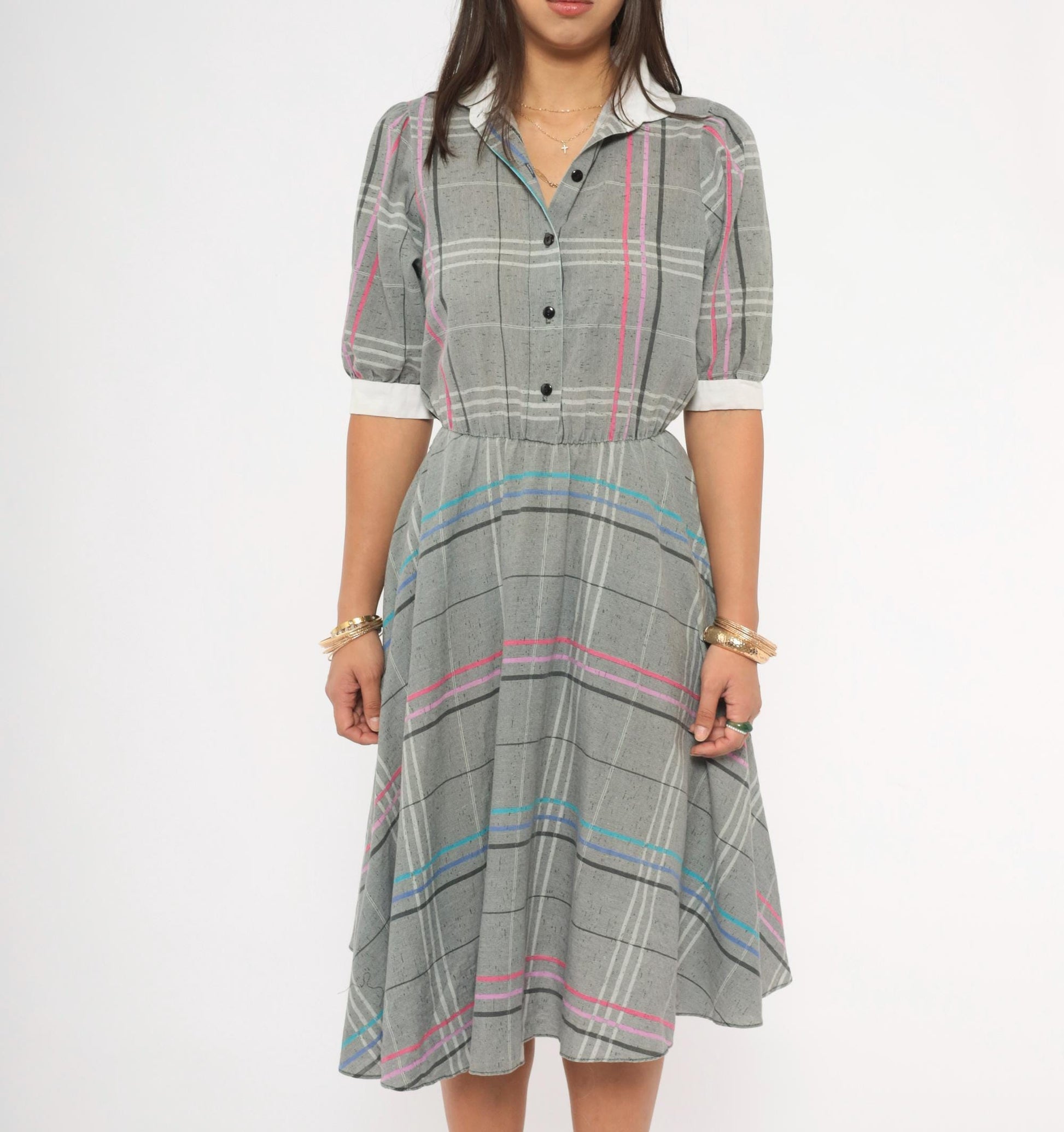 80s Grey Plaid Shirtdress Puff Sleeve White Collar A-Line Small