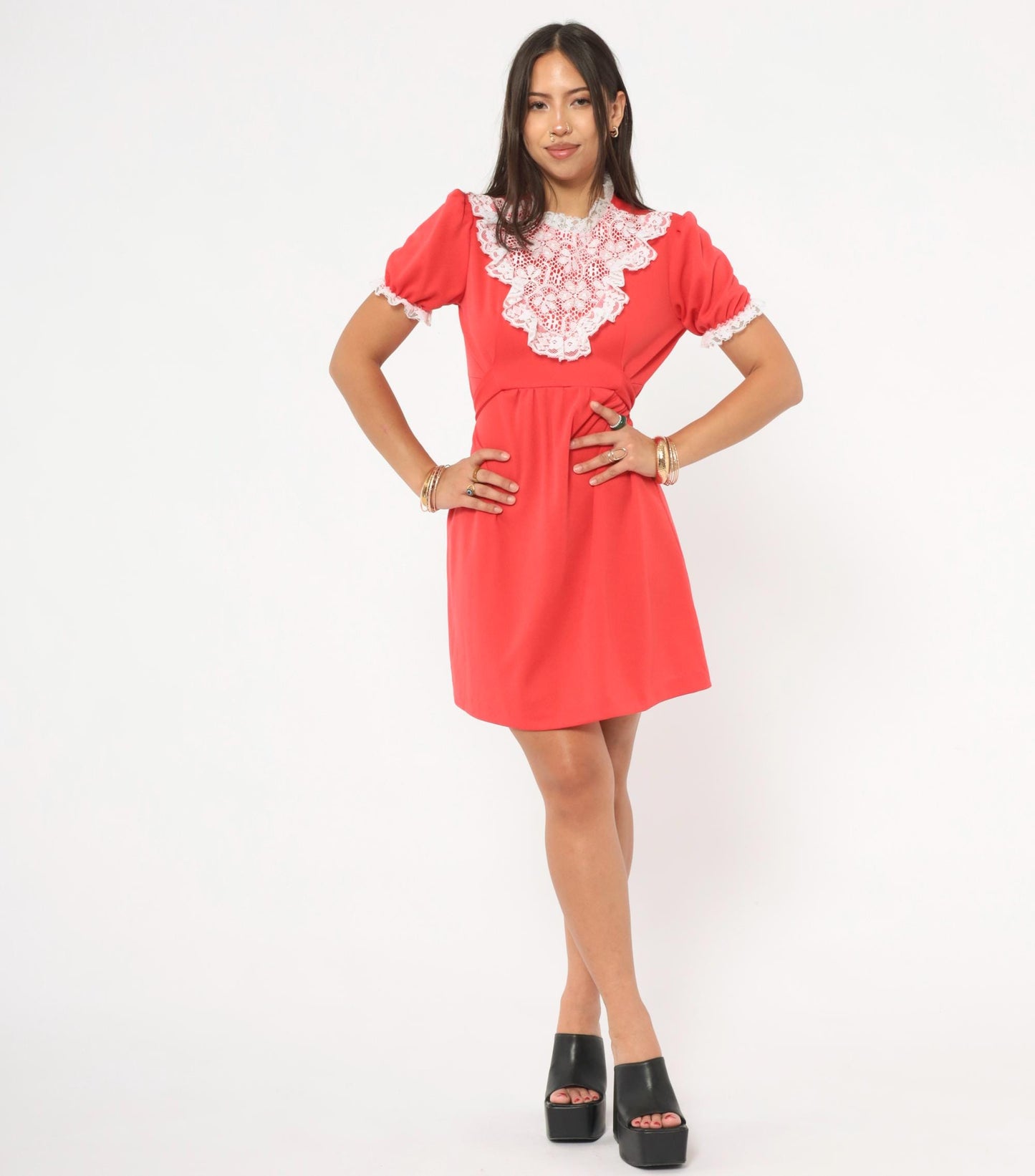 70s Red Mini Dress White Lace Bib Puff Sleeve A-Line Small S