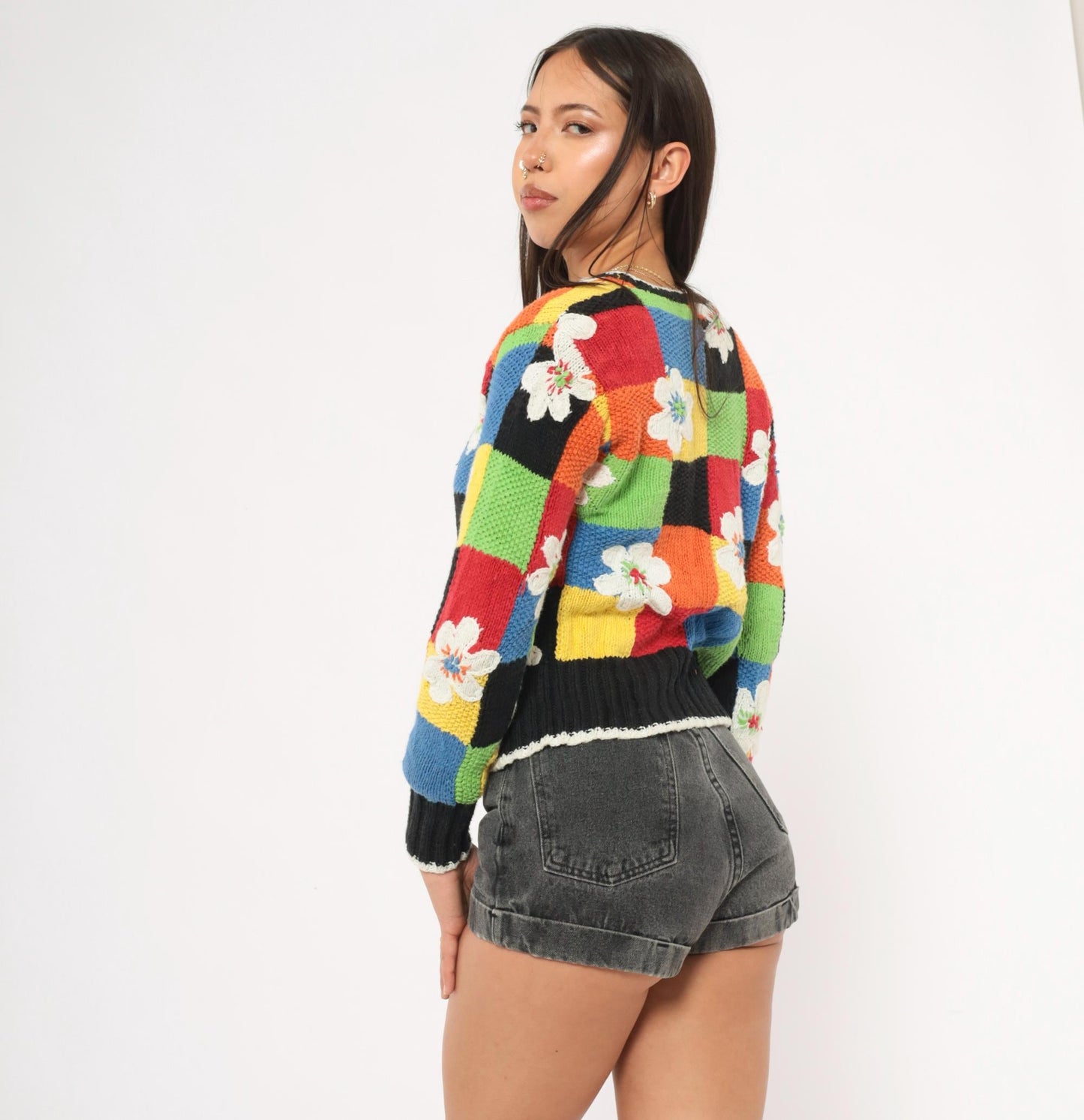 2000s Susan Bristol Patchwork Cardigan Colorblock Floral Applique Small S