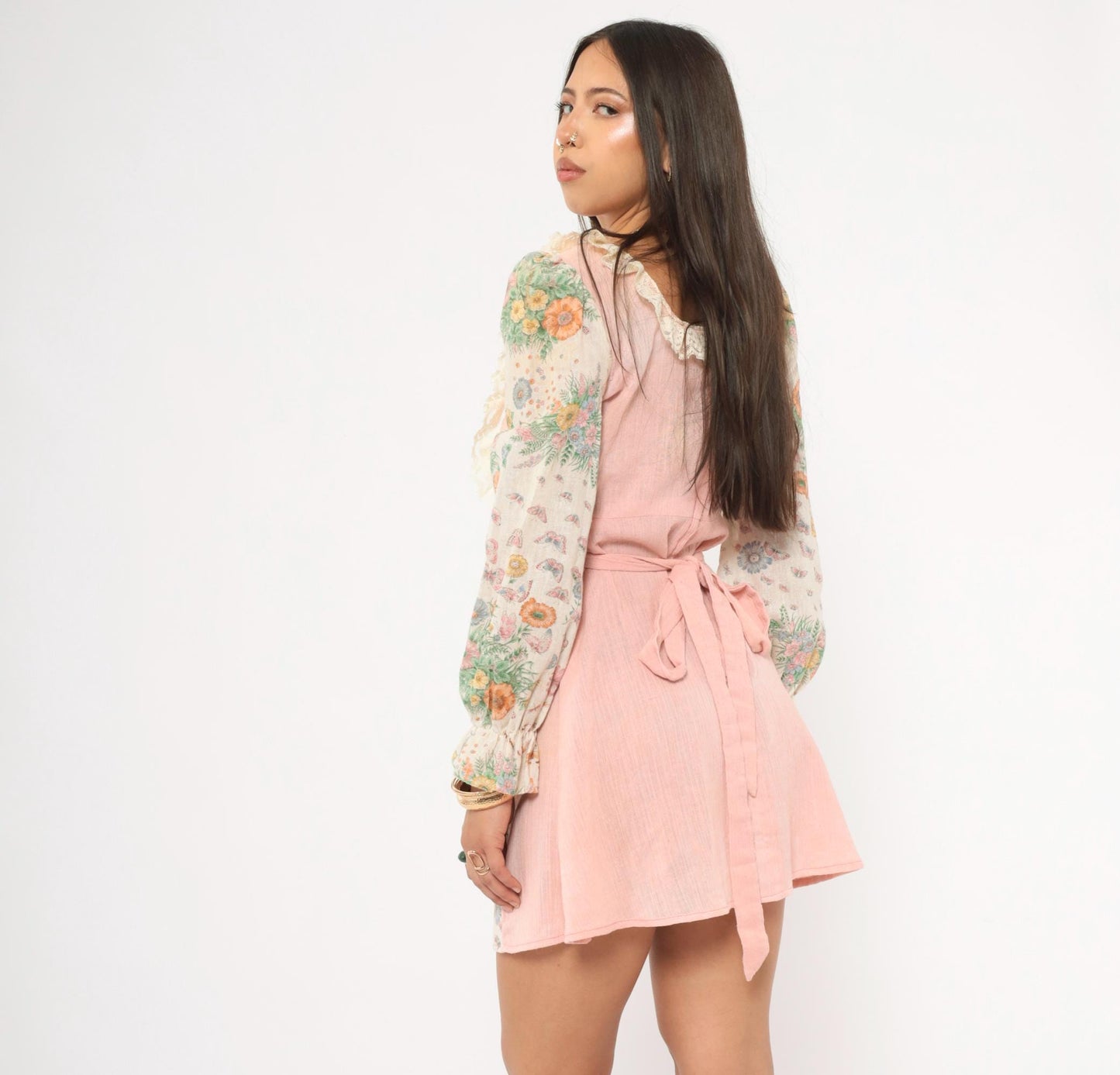 70s Floral Butterfly Mini Dress Pink Cream Puff Sleeve Square Neck Cotton Small