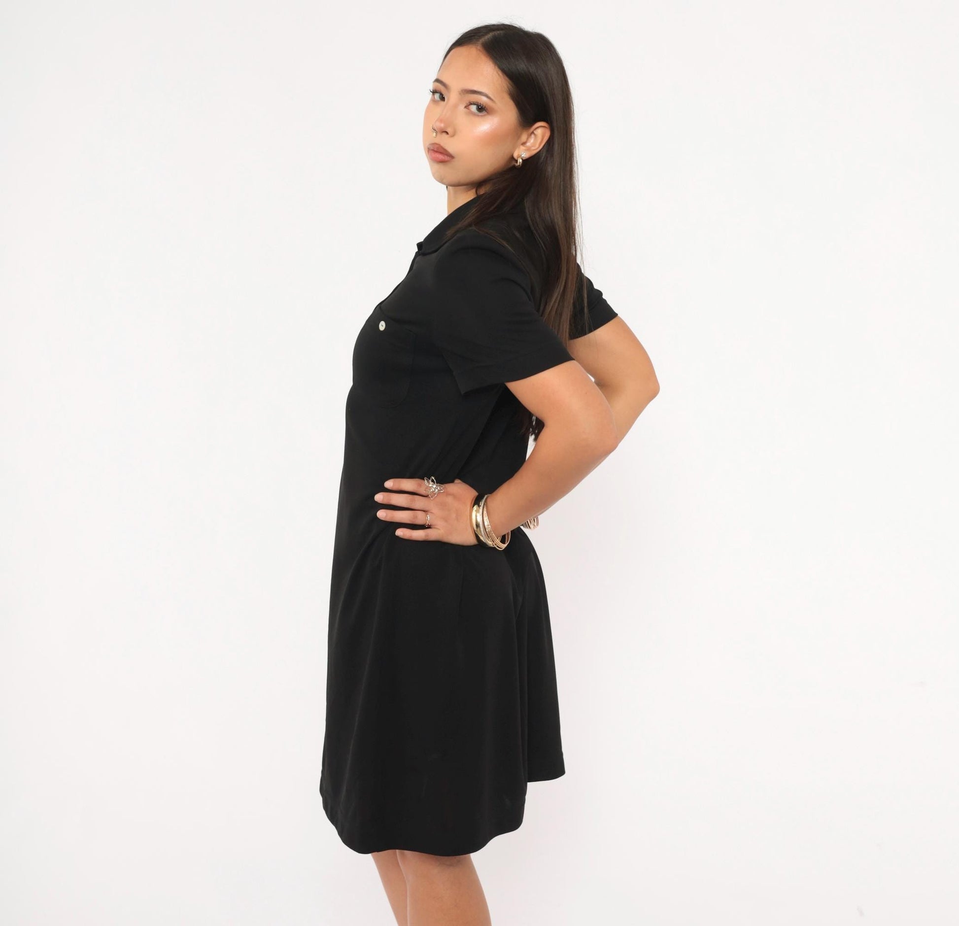 90s Jessica Howard Black Shirt Dress Button Front Collar Knee-Length Medium M