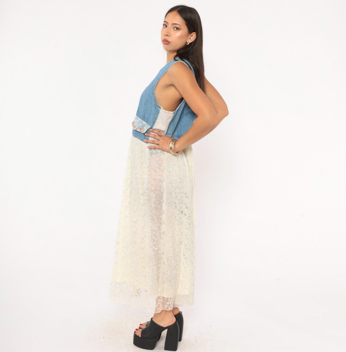 90s Modelle Designs Denim Lace Maxi Dress Sleeveless V Neck Floral Embroidered Cream Large L