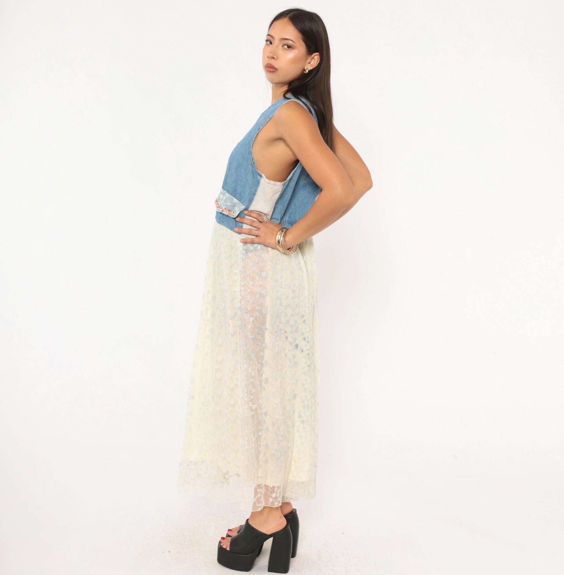 90s Modelle Designs Denim Lace Maxi Dress Sleeveless V Neck Floral Embroidered Cream Large L