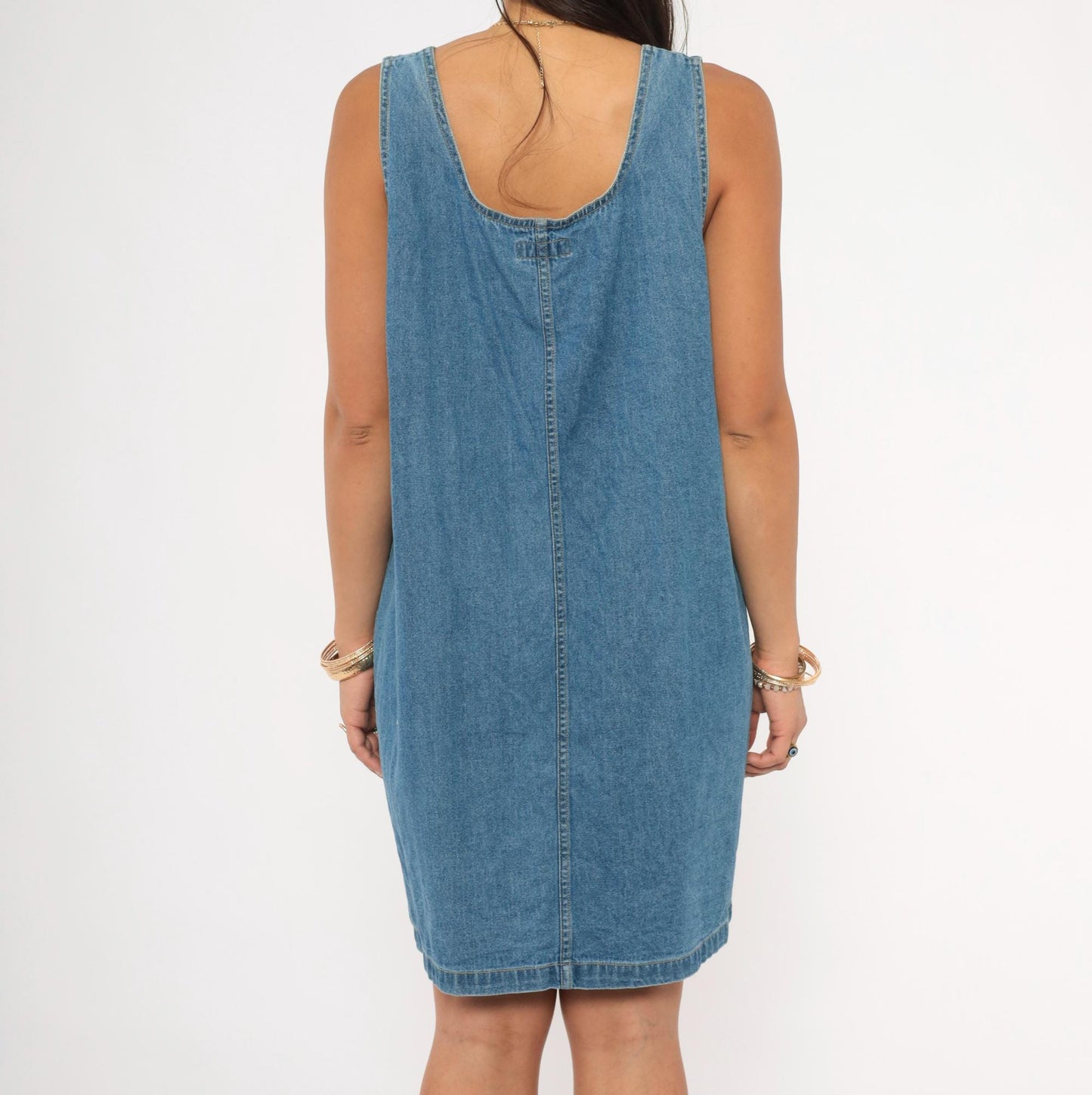 90s Cherokee Denim Jumper Dress Button Front Mini Blue Chambray Large L