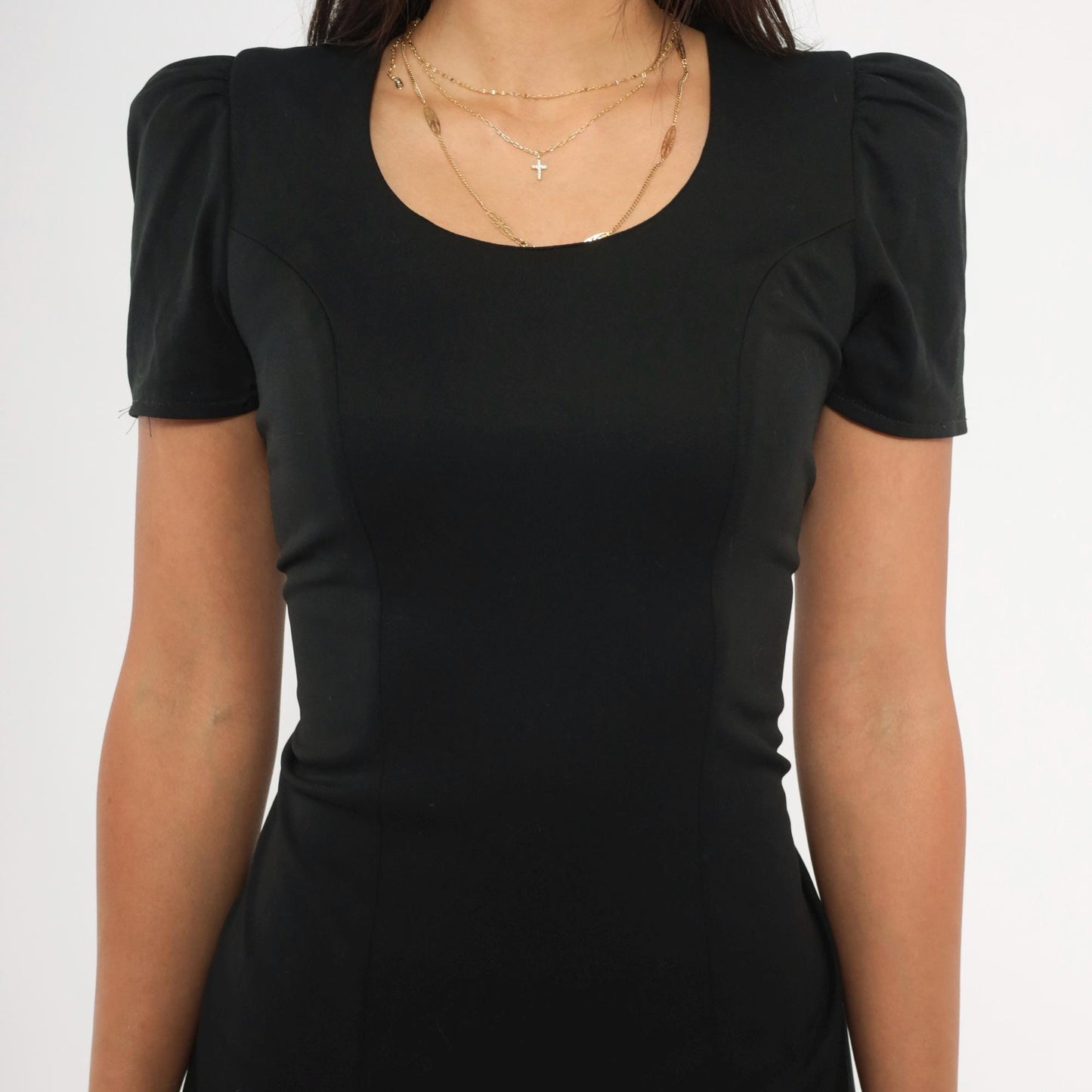 90s Formal Fashions Black A-Line Dress Puff Sleeve Scoop Neck Knee Length Small