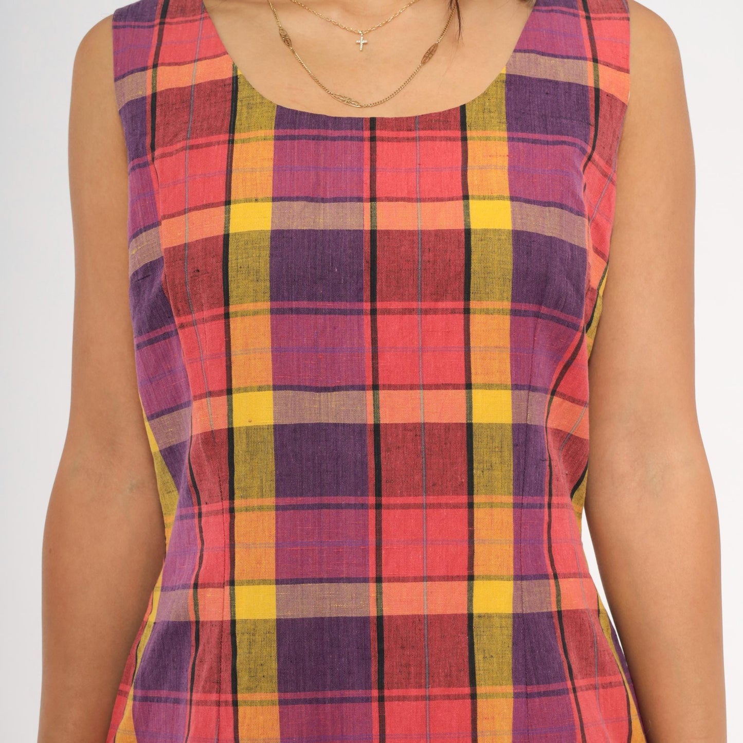 90s For Petes Sake Plaid Mini Dress Linen Scoop Neck Purple Yellow Pink Small
