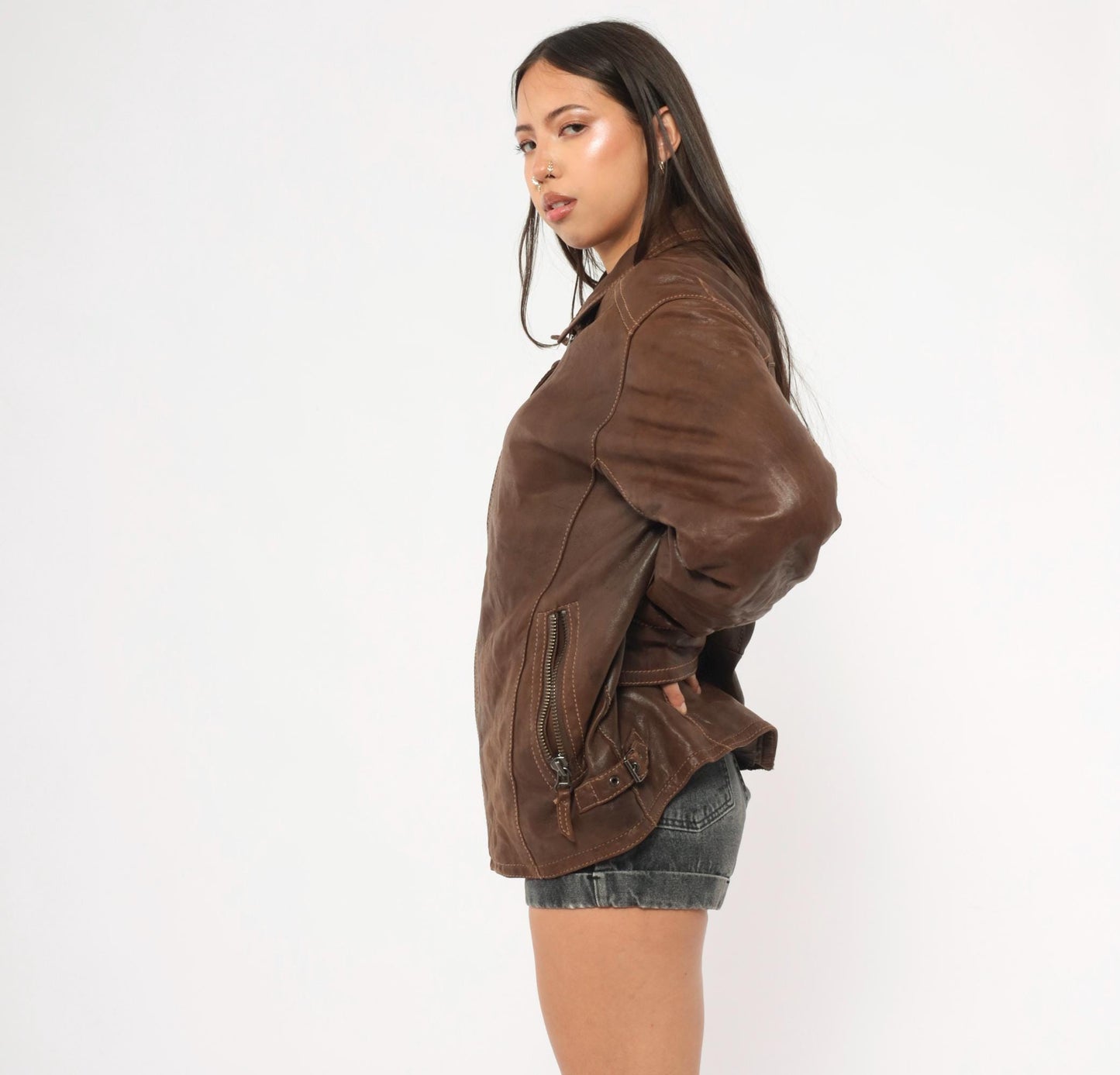 Y2K Wilsons Brown Leather Moto Jacket Paneled Spread Collar Large L