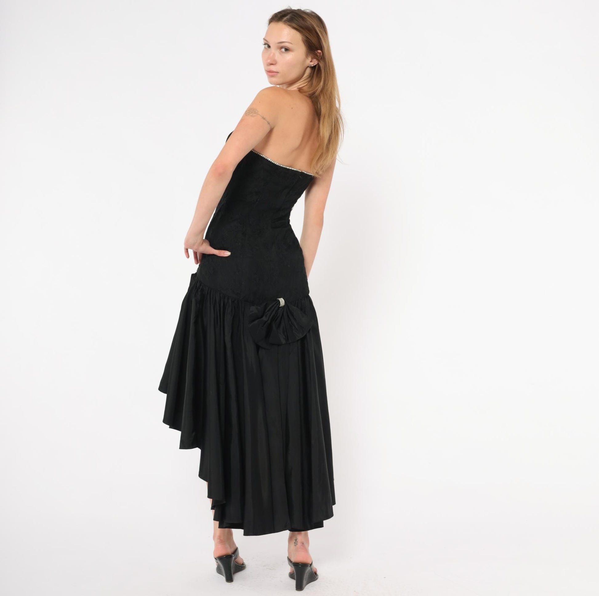 80s Jolie Madame Black Strapless Gown Lace Bodice Rhinestone Trim Small